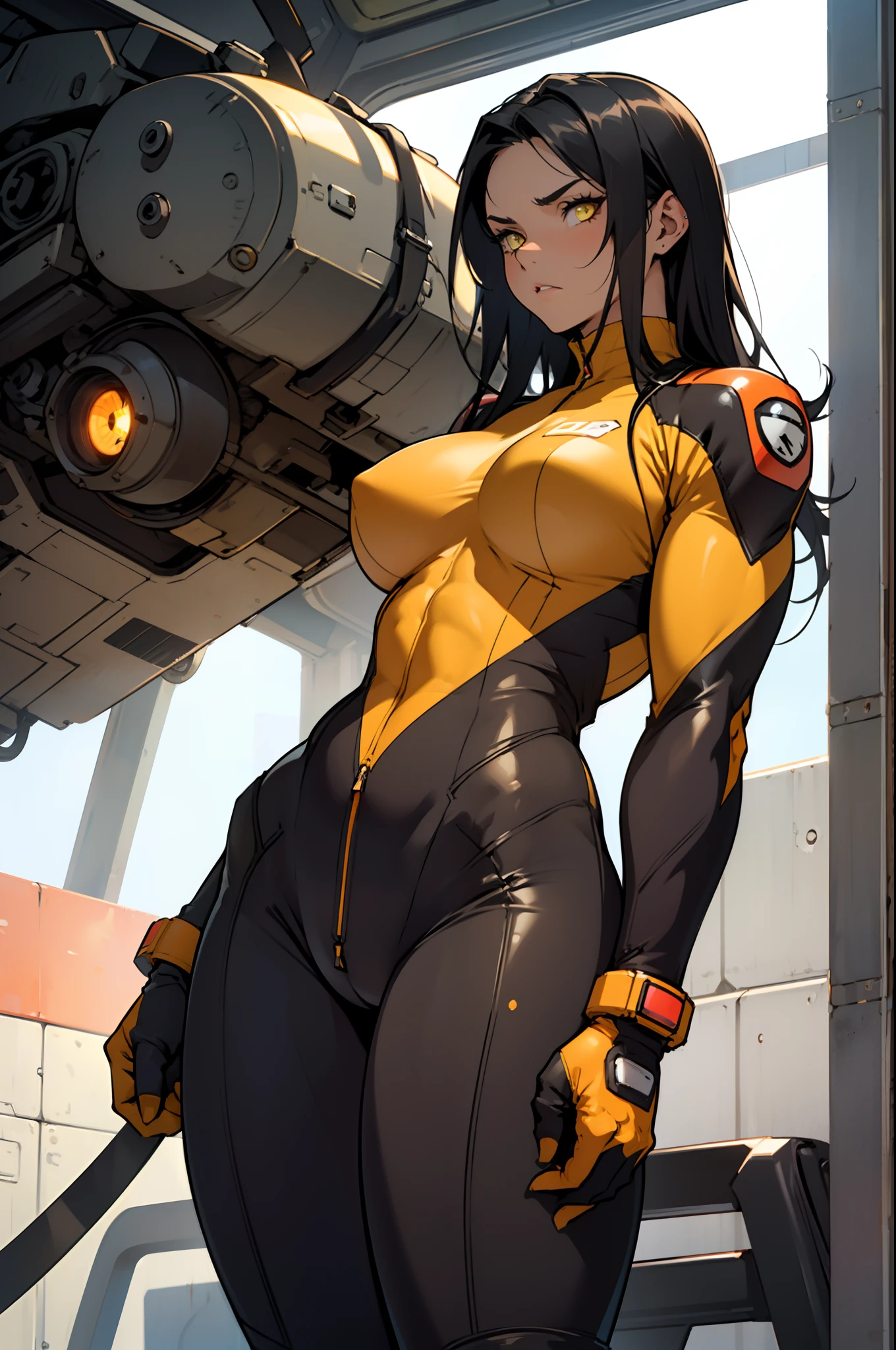 (((muscular 1 girl))) (thick thighs   wide   toned body pilot suit ) angry yellow eyes black hair long hair pale skin