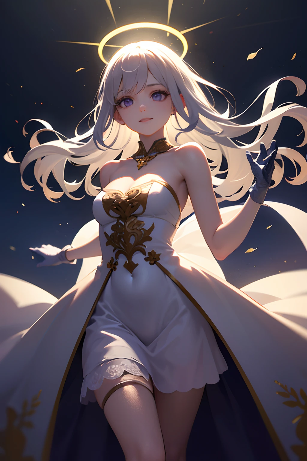 (masterpiece:1.3),((High resolution)),((high quality)),((Super detailed))、One girl、Perfect balance、((fire Fly\(Collapse:Star Rail\)))、Multicolored Eyes、((White Hair))、Black hair band、Purple eyes、Hair ornaments、Thigh straps、Perfect Face、Detailed face、Cute Face、beautiful詳細な目、Expressive eyes、Cute eyes、Shiny eyes、Perfect body、beautiful体、Perfect body、beautiful体、(((Wedding dress:1.2)))、Off the shoulder、marriage、(church)、(marriage式)、bride、smile、、(Large Breasts)、(head shot)、Embarrassing、blush、beautiful女の子、Cute Face、beautiful顔、Cute Face、beautiful、Best Quality、Good anatomy、Decorations、smile、Closed Mouth、blush、Are standing、From below、((Super detailedな背景)), Mistress Pose, ((8K Wallpaper)) , smile, Watching the audience, Moody lighting, In-person audience