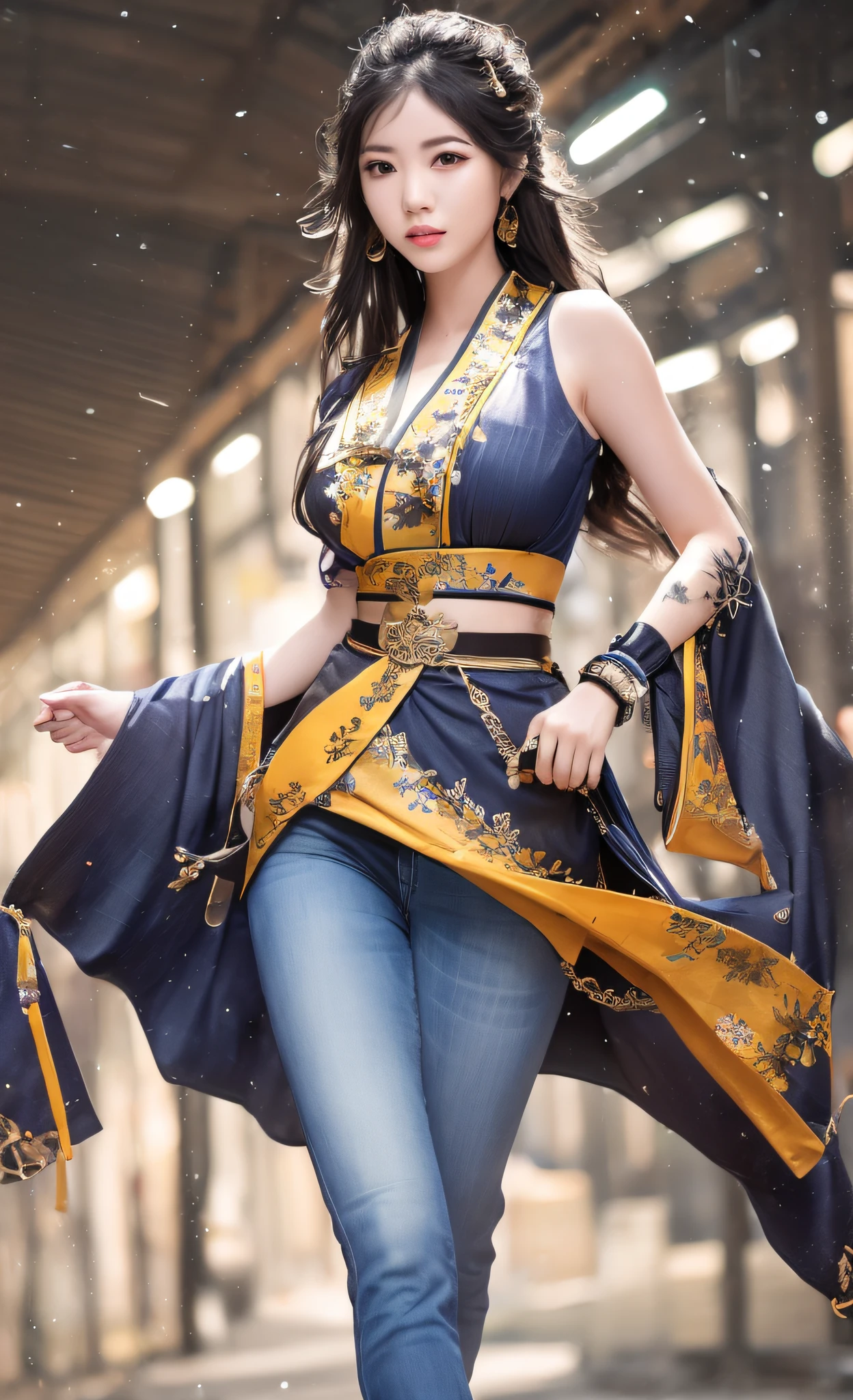 highly detailed japanese woman wearing yellow crop top, wearing jeans, dark alley , night, street light, makeup,
closeup, sharp focus, beautiful esd_woman,perfect esd_face, perfect esd_body,
realistic, hyper realistic, sweat, shinny skin,
stripes, belts , award winning photo, extremely detailed, amazing, fine detail, detailed eyes and face, large breasts, fitness, braided dark platinum hair, wrist watch,