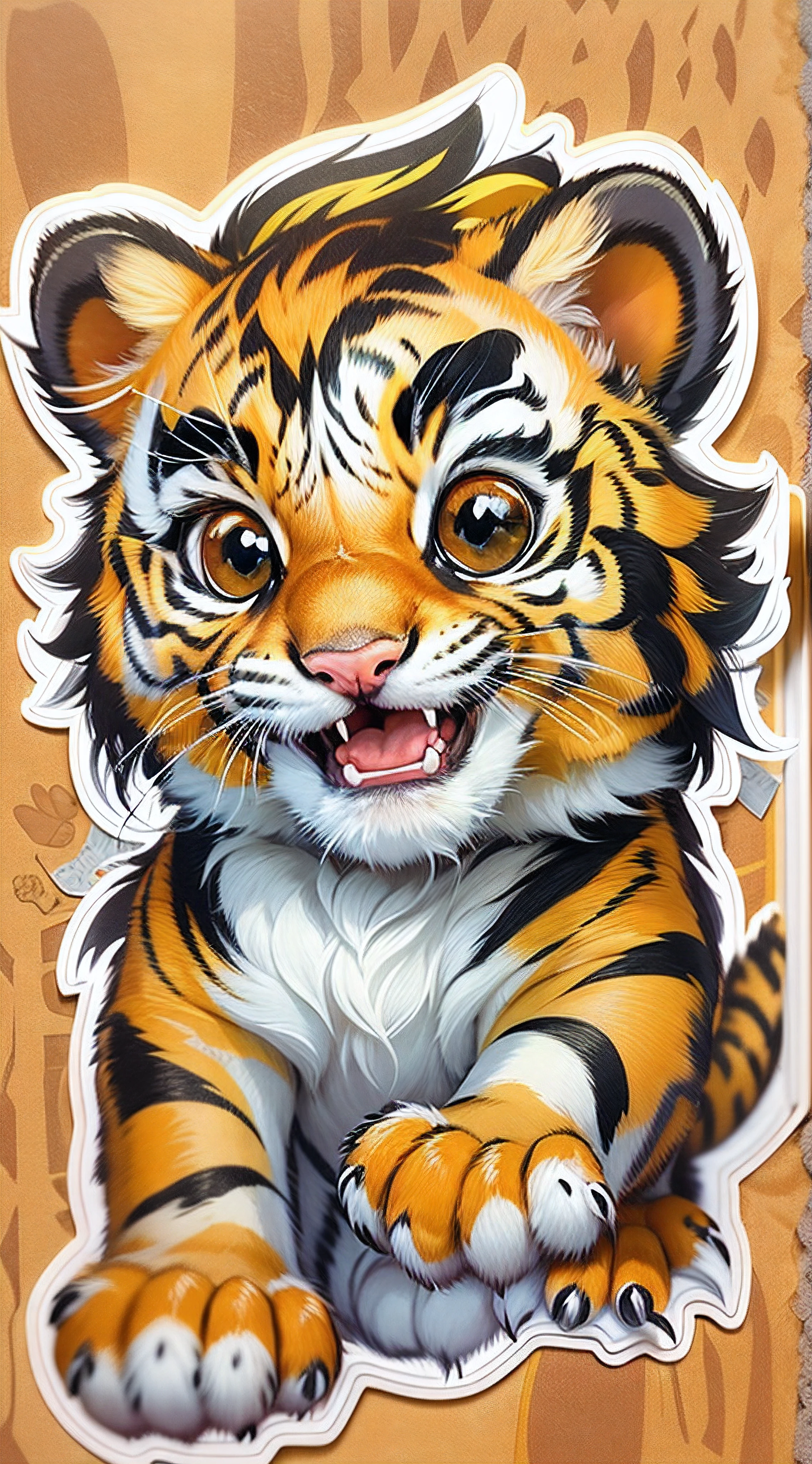 tiger baby sticker, animal sticker, tiger cub, tiger pattern, adorable, playful pose, cute expression, playful eyes, furry, striking black and orange stripes, youthful energy, vibrant colors, detailed fur texture, sticker-like appearance, high-quality artwork, meticulous attention to detail, cartoon style artwork, animated character effect, lively and energetic, eye-catching design, perfect for decorating items or gifts.
