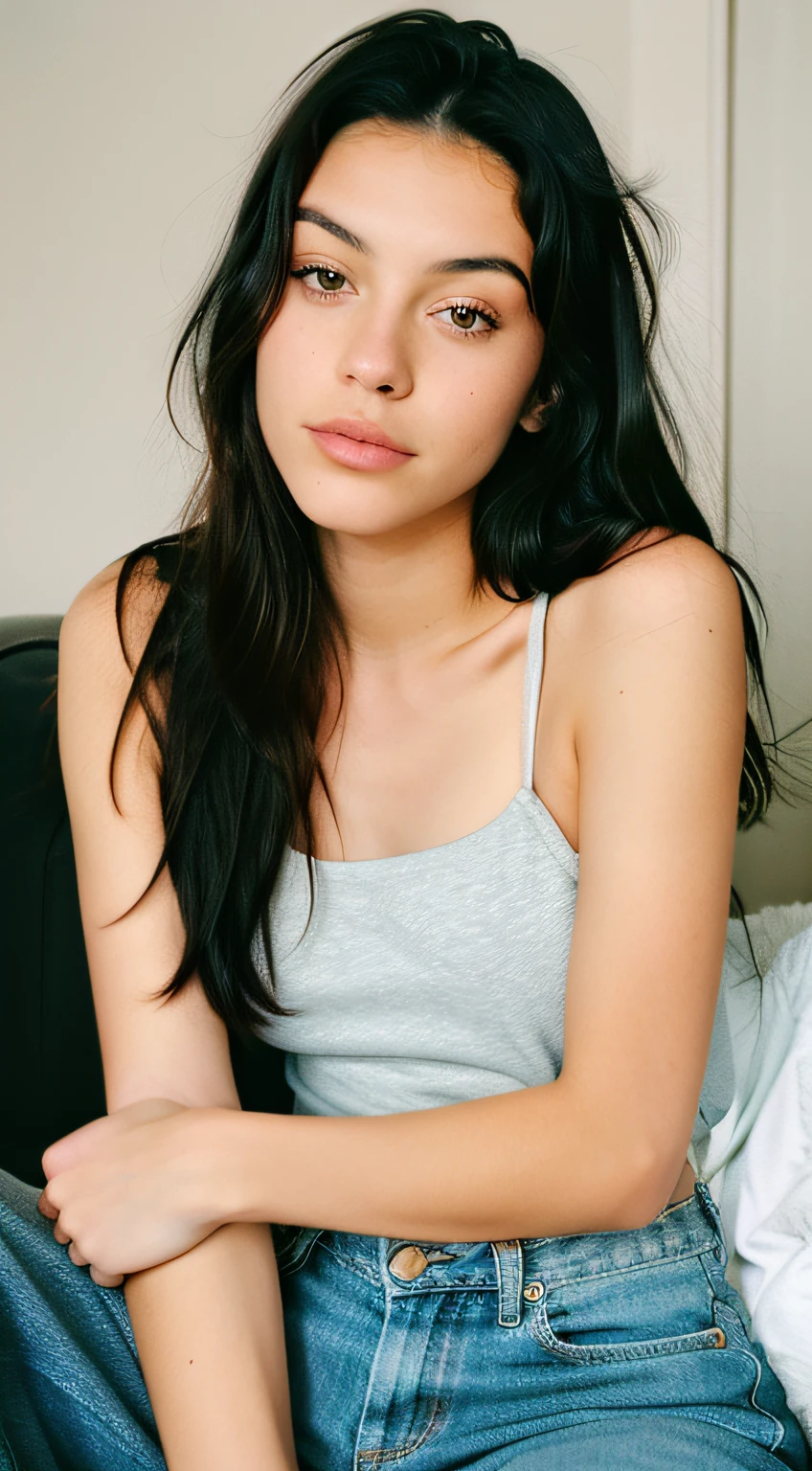 Kodak disposable camera photo of a beautiful young 19yo female, dark hair, slim, sad, sitting