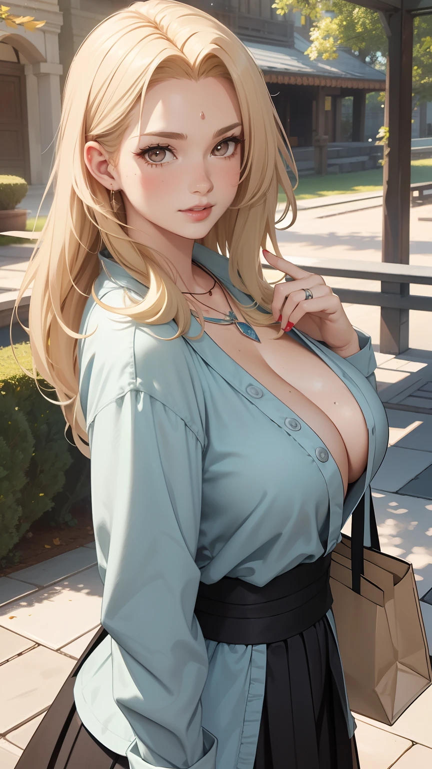 Good anatomy, Masterpiece, Best quality, 4K, 8K, Professional photography, Soft light, Sharp focus, trpical garden, 1 girl,  eventide，Hands-on shopping bags，The breeze blows through，falling leaf，Blonde hair, The shirt, long  skirt，Flip-flops，Blonde hair, Bank spin-offs, Detailed face+Brown eyes, is playing happily，Slightly drunk，Be red in the face，Tsundere, Beauty mole，lipstick, necklace, huge tit，