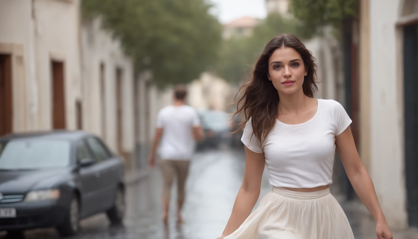 A beautiful Greek girl dances in the streets of Greece in the rain. The girl is 20 years old. She is wearing a white t-shirt and a long Spanish cream skirt. The raindrops on the skin of his body are obvious. At the end of the alley you can see the sea.