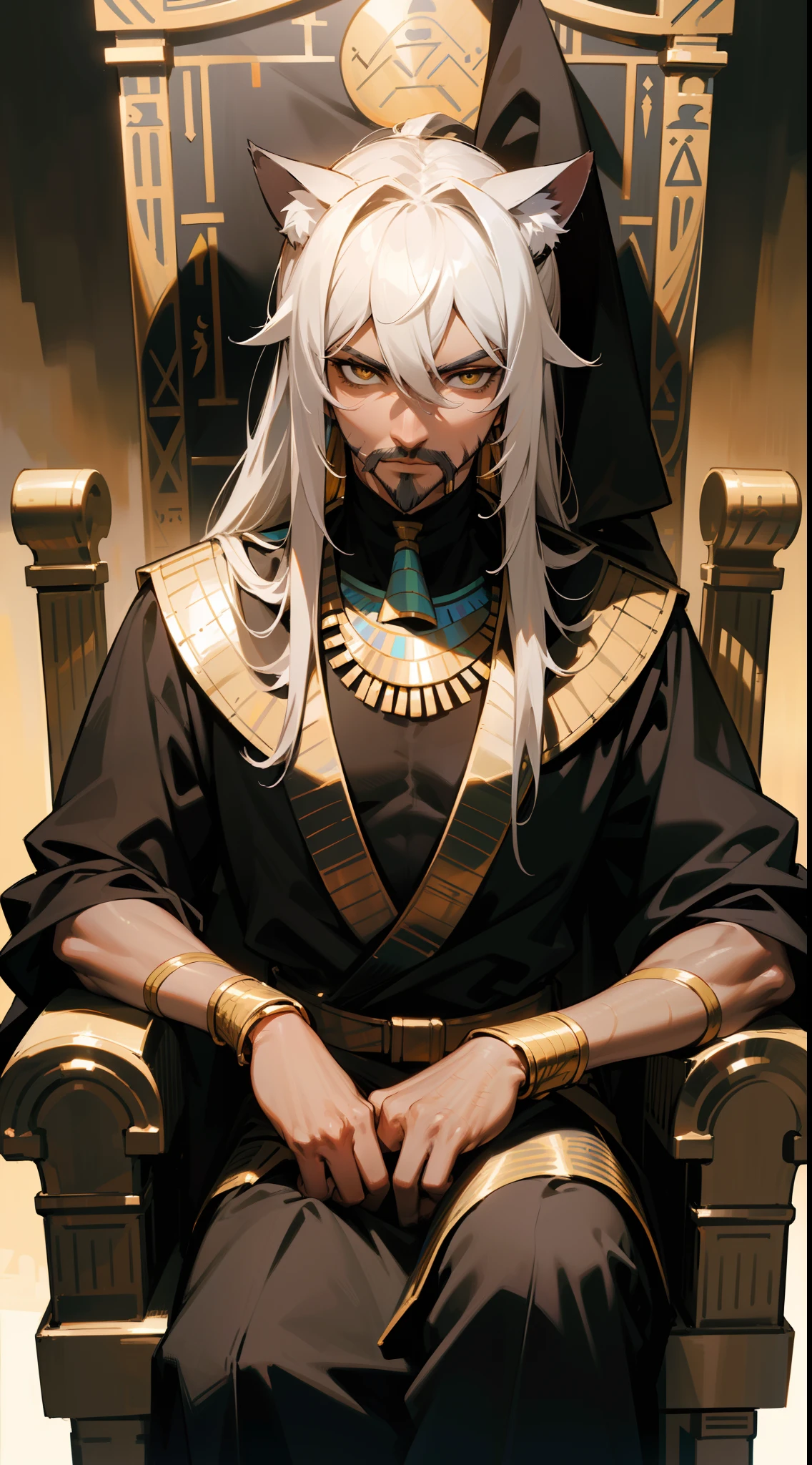 (Original Character,8k, Masterpiece, Best Quality,Detailed, Beautiful Detailed Eyes, solo),1man,40 years old,serious face,tall,mature male,extremely defined muscles,egypt black and golden outfit,egypt blouse,gray hair,long hair,((gray facial hair)),yellow eyes,Cat ears,((sitting on a throne on a Egyptian castle)),(colored skin,Extremy black skin,vanta black skin color),cowboy shot
