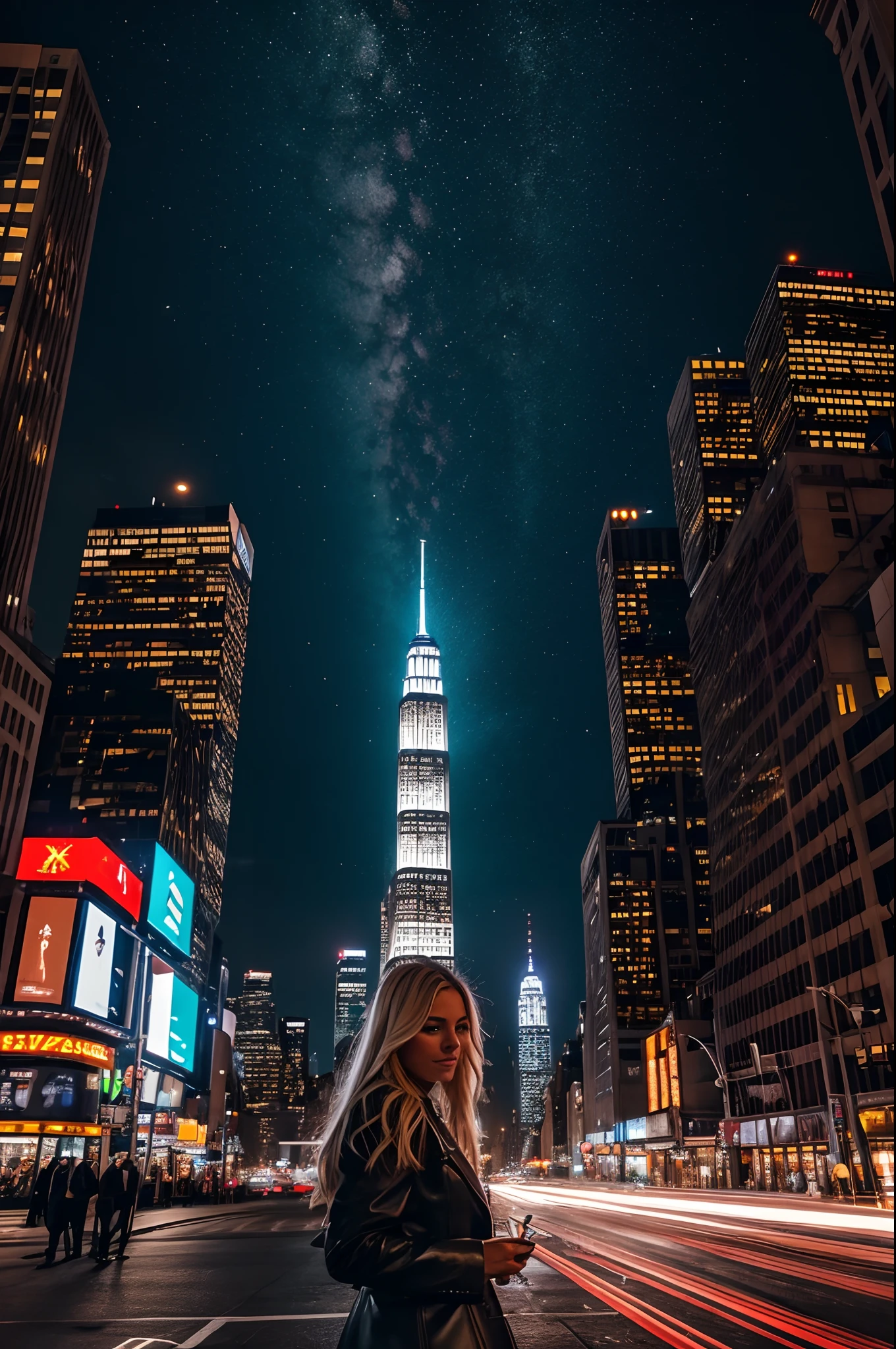 Imagine a night scene in New York where a blonde woman, captivated by the brilliance of the city lights that never sleeps, s'immisce dans l'effervescence urbaine. Dressed in a chic outfit, elle se tient devant un imposant building new-yorkais, its shimmering lights forming a beautiful halo in the background.

Her blonde hair seems to shine under the glow of illuminated signs and street lamps., adding to its aura an almost magical glow. With his phone in hand, It calibrates the angle of the camera to skillfully frame the iconic building. His gaze is focused, Determined to capture the majestic essence of the metropolis through his lens.

Le brouhaha de la ville, A symphony of horns and lively conversations, mingles with the night breeze. Elle prend une profonde inspiration, soaking up the palpable energy in the air. Illuminated signs create dancing light patterns, painting the night with a bright palette.

Le gratte-ciel, majestueux et imposant, seems to touch the starry sky, dominant la skyline. Elle cadre soigneusement la prise de vue, seeking to capture this juxtaposition between the natural beauty of the night skies and human urban engineering. A glimmer of excitement and wonder lights up her face as she captures the moment, saisissant la magie de New York dans une seule image.

It's a moment of escape, une communion entre la femme et la ville, where the immensity of skyscrapers and the brilliance of lights merge into an artistic composition, fixed in the pixel of a photograph that immortalizes the brilliance of New York at night.