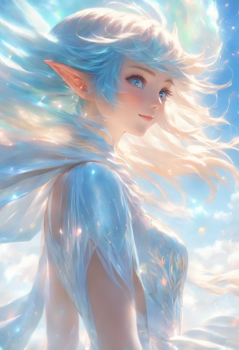 1 elf with white and blue hair and silk dress, Straight hair, Glossy hair, Beautiful art UHD 4 K, En plein air, sonoko, Beautiful character, Beautiful portrait, Expressive, painting of beautiful,
expressive beautiful portrait, Side light, Blue sky