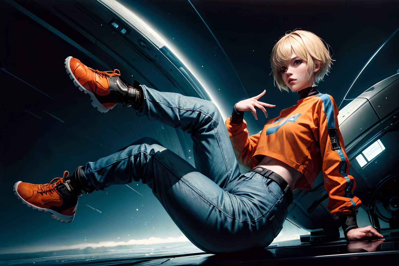butifule girl with blue orange techwear clothes, Short blonde hair, shoelace, Vintage Scifi Background Abstract, Art by Moebius, Art by Ashley Wood