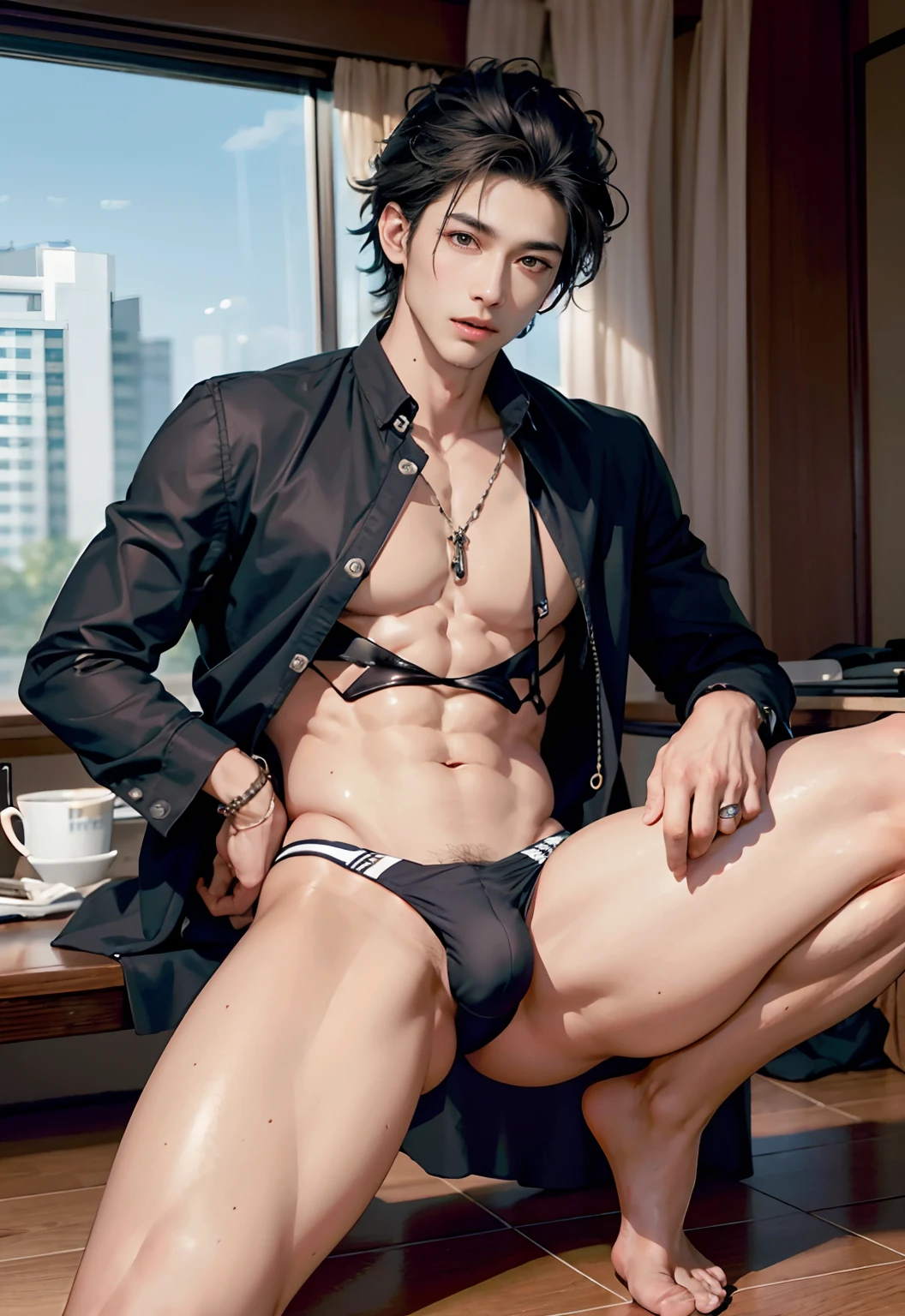 (8K, RAW photos, best qualtiy, tmasterpiece:1.2), (realisticlying, photograph realistic:1.4), illustratio, A high resolution,hexagons,(1boys), Black hair,opulent, rugged skin, (Oval shaped face:1.1), profesional lighting, photon maping, Radio City, physically-based renderingt, Handsome, Sexy masculinity,Wear tight thongs,musculature,bare full body,massive bulge,A sexy pose