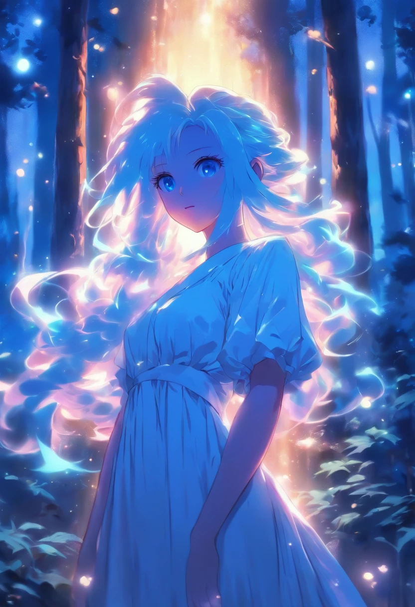 1 sprite，White and blue hair and silk dress, Straight hair, Glossy hair, Beautiful art UHD 4 K, En plein air，rays of moonlight，the woods, sonoko, Beautiful character, Beautiful portrait, Expressive, painting of beautiful, 
expressive beautiful portrait, Side light, Blue sky