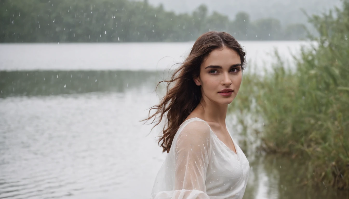 Beautiful Greek girl dancing in a lake in the rain. The girl is 20 years old. She is wearing a white t-shirt and a long Spanish cream skirt. The raindrops on the skin of his body are obvious.