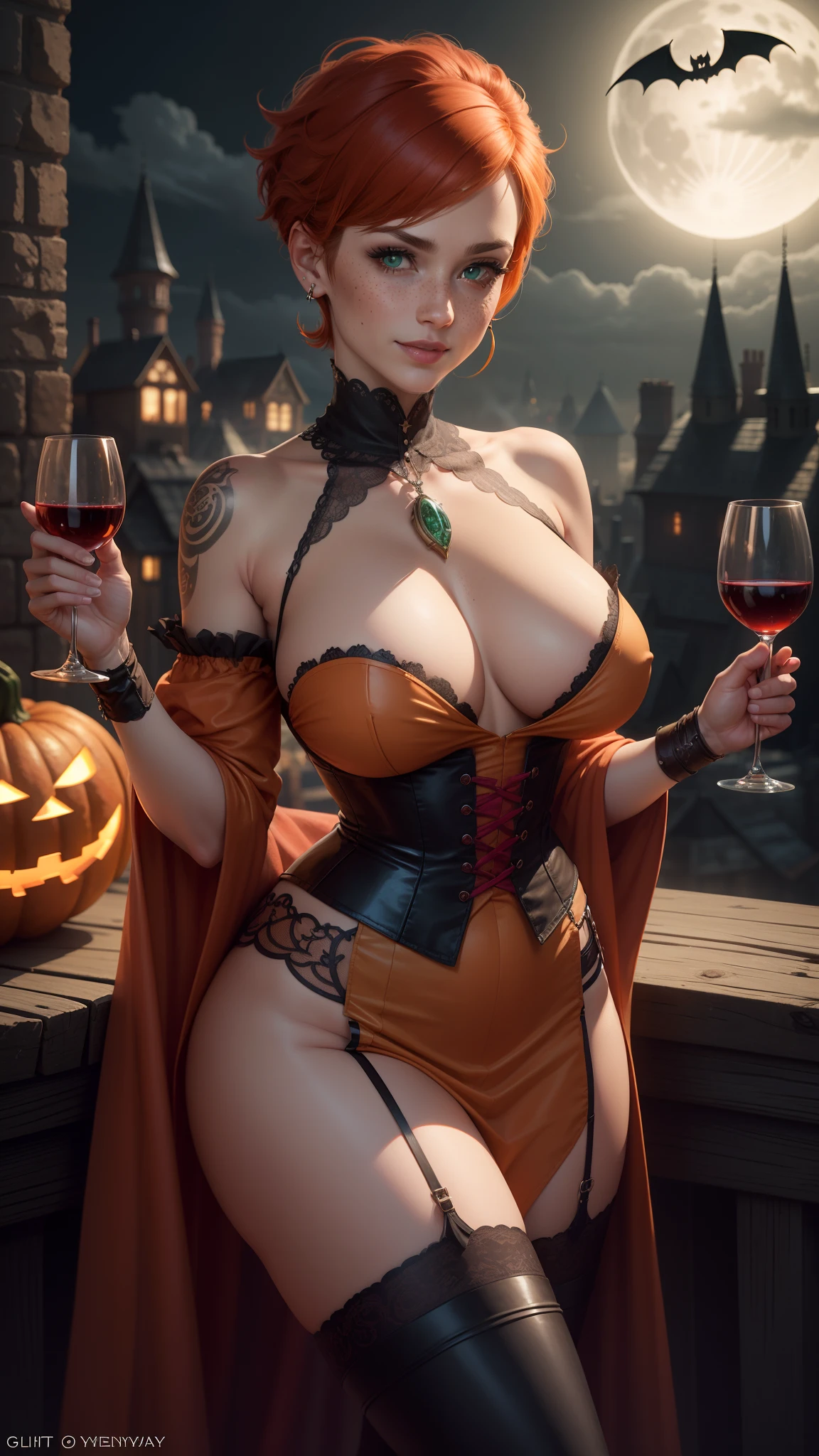 gwen tennyson,tracer,bulma,rebecca chambers,castlevania,solo girl,close up,moonlight,victorian steampunk skirt,pirate corset,long carnival dress,red neck jewelry,tattoos,garter belt,short hair,blood earrings,night gown,holding a wine glass,pumpkin village,halloween castle,bats,gothic makeup,glowing pumpkin,green eyes,orange hair,shy smile,freckles,redhead,beautiful girl,large breasts,stockings,gothic boots,ultra detailed,realistic,fantasy art,