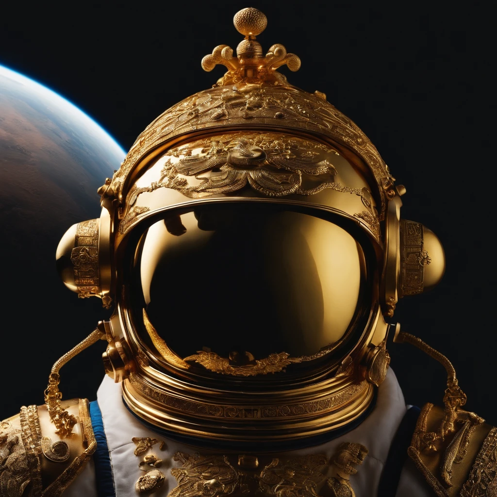 Close-up of an astronaut's helmet,It reflects a golden Chinese palace,Lunar landforms,Black sky,High hanging earth,fisheyelens