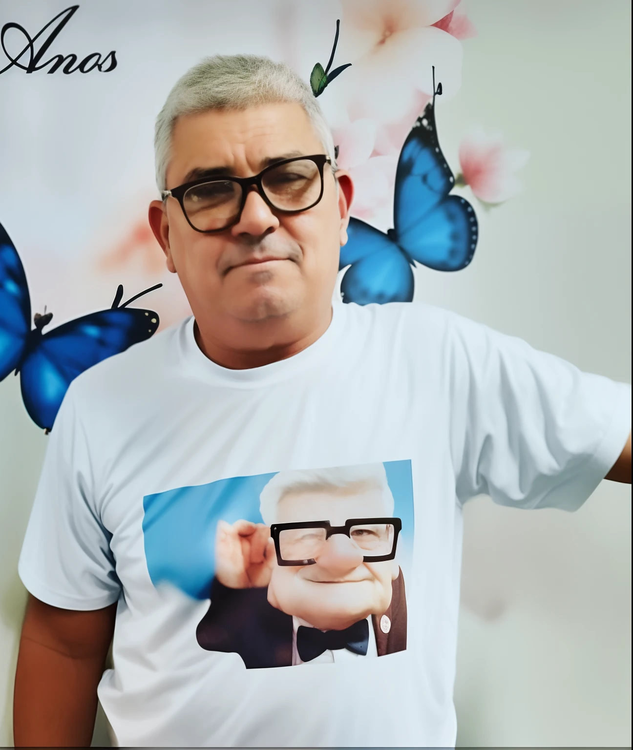 There's a man with glasses and a T-shirt with a picture of a man with a butterfly, Ronaldo Luis Nazario de Lima, Ronaldo Luis Nazario da Lima, Carmelo Blandino, Foto realista, Carlos Samuel Araya, david rios ferreira, victor maristane, ignacio fernandez rios, ignacio fernandez rios, Carl Fredricksen is a balloon salesman who, aos 78 anos, he is about to lose the house he has always lived in with his wife, a falecida Ellie. After an incident, Carl is considered a public threat and forced to be interned, filme up