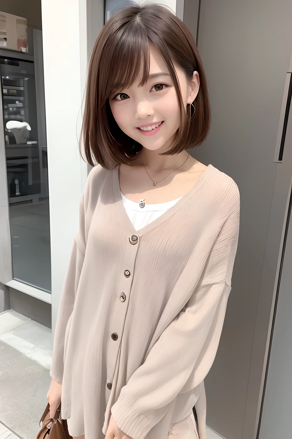 a beauty girl、cute  face、(((tiny chest)))、Fashionable plain clothes、Standing position of the entire face in front、Take your eyes off the camera、Brown hair、a short bob、Opens mouth and laughs