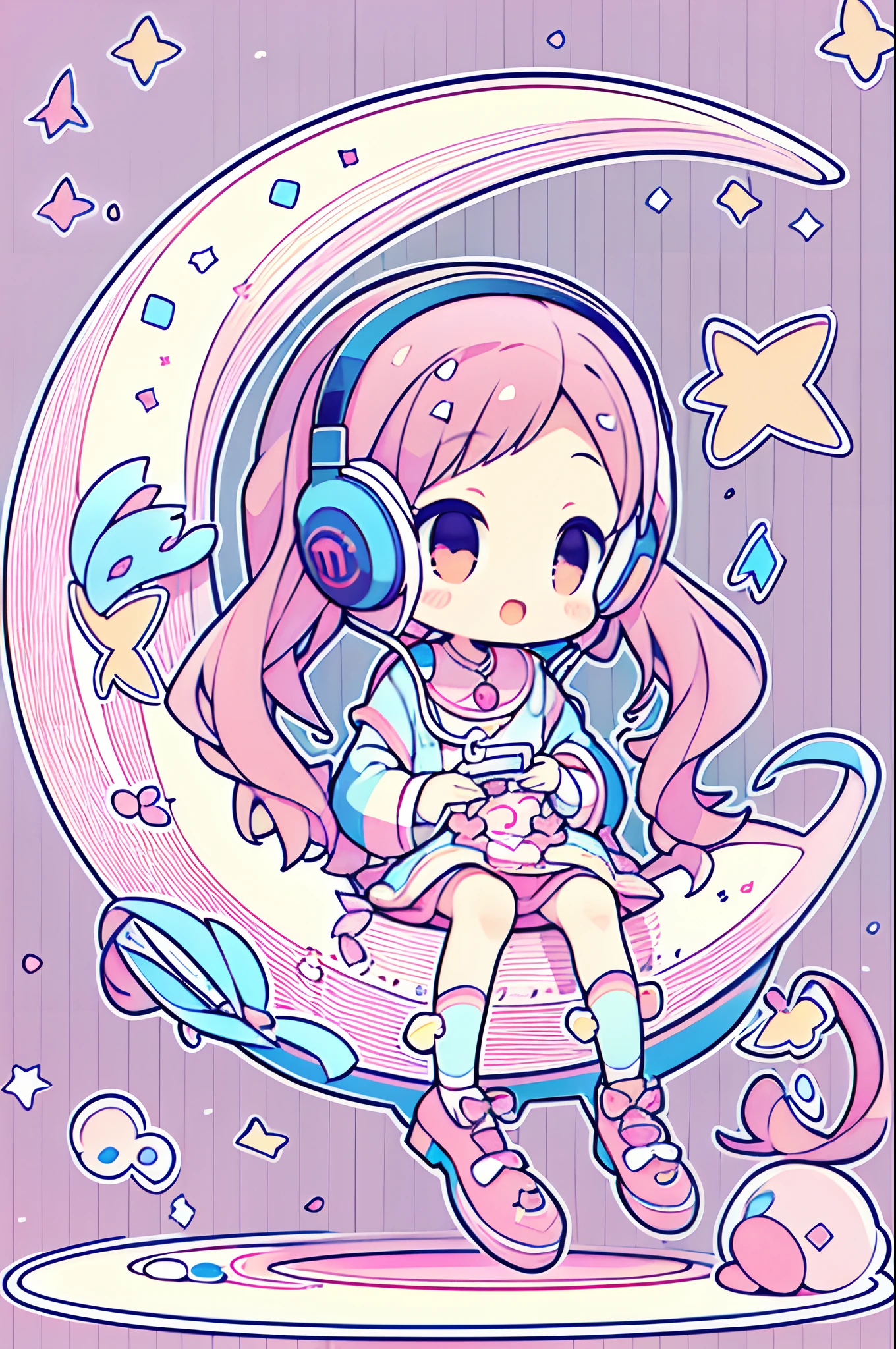 (chibi girl) (simple background) (flat painting style) (kawaii) A girl enjoying music with headphones while sitting on a crescent moon.(The entire area is painted in pink and light blue.)