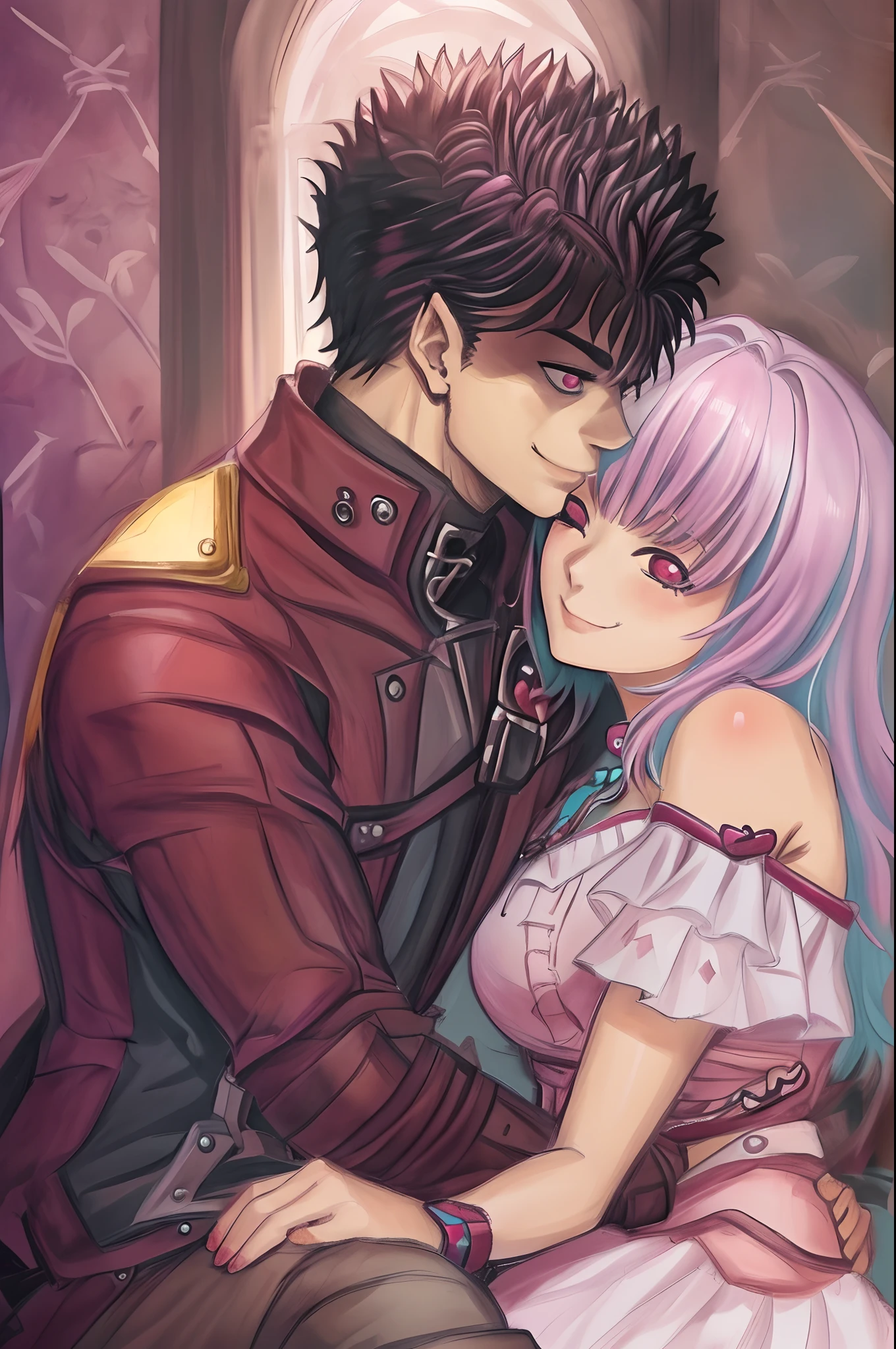 riamu,guts,couple,husband and wife,love dovey couple,sitting,hug,kiss,smile,masterpiece:1.2,ultra-detailed,realistic:1.37,portraits,vivid colors,warm tones,soft lighting