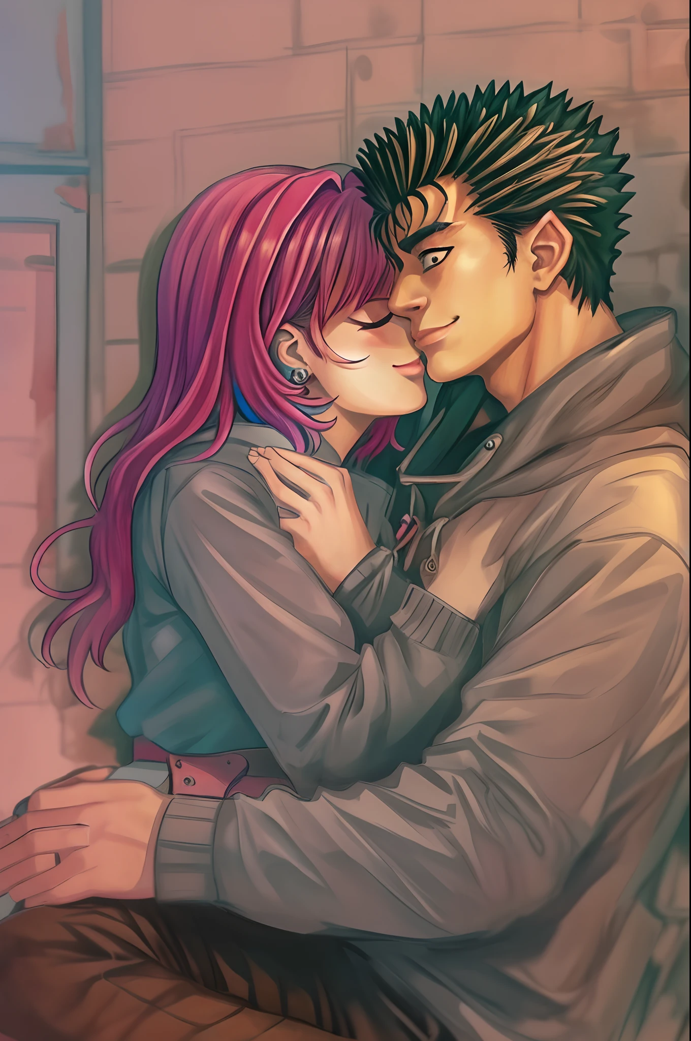 riamu,guts,couple,husband and wife,love dovey couple,sitting,hug,kiss,smile,masterpiece:1.2,ultra-detailed,realistic:1.37,portraits,vivid colors,warm tones,soft lighting
