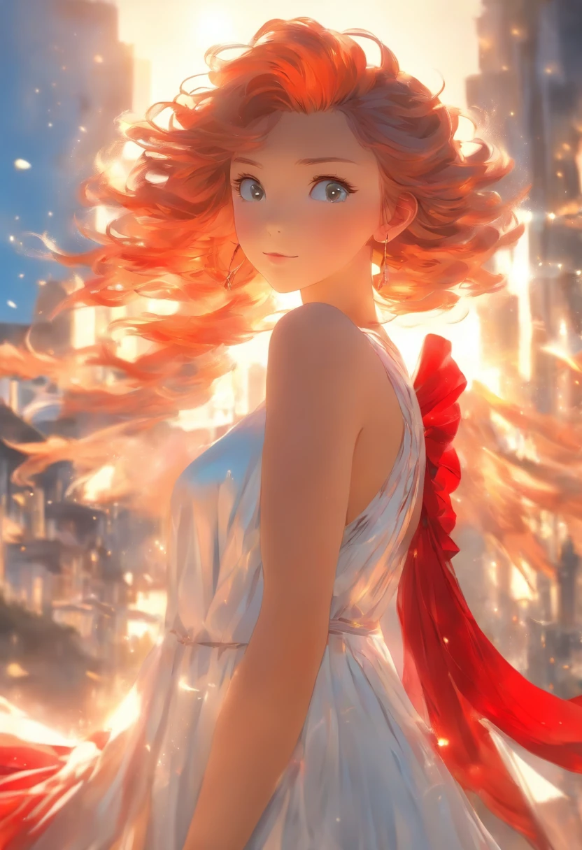 1 angel with white and red hair and silk dress, Straight hair, Glossy hair, Beautiful art UHD 4 K, En plein air, sonoko, Beautiful character, Beautiful portrait, Expressive, painting of beautiful, 
expressive beautiful portrait, Side light, Blue sky