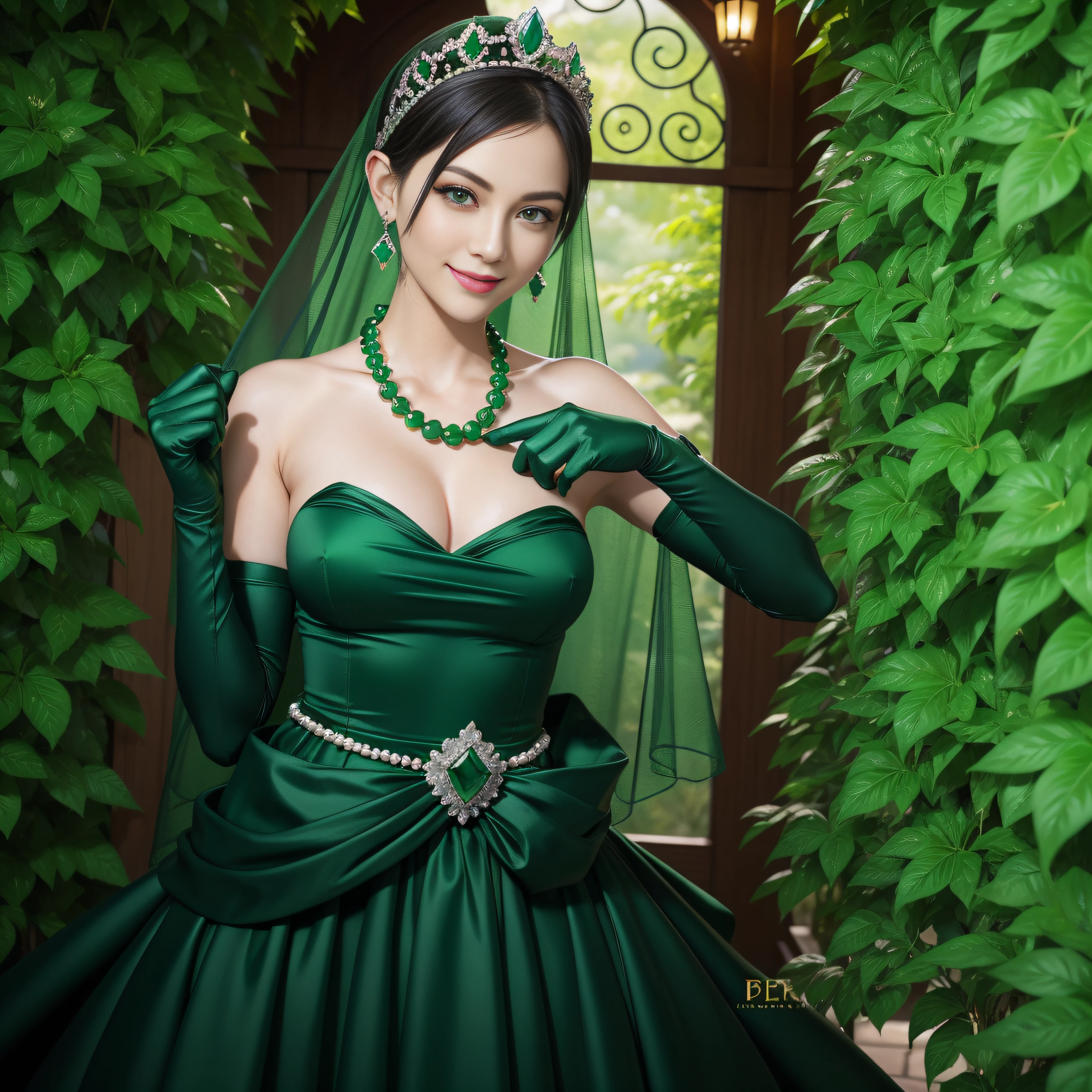 emerald tiara, Green Pearl Necklace, Boyish very short black hair, lipsticks, Japan woman smiling, very short short hair, fist, big breasts beautiful, Green eyes, Long green gloves made of satin material, Green eyes, Emerald Earrings