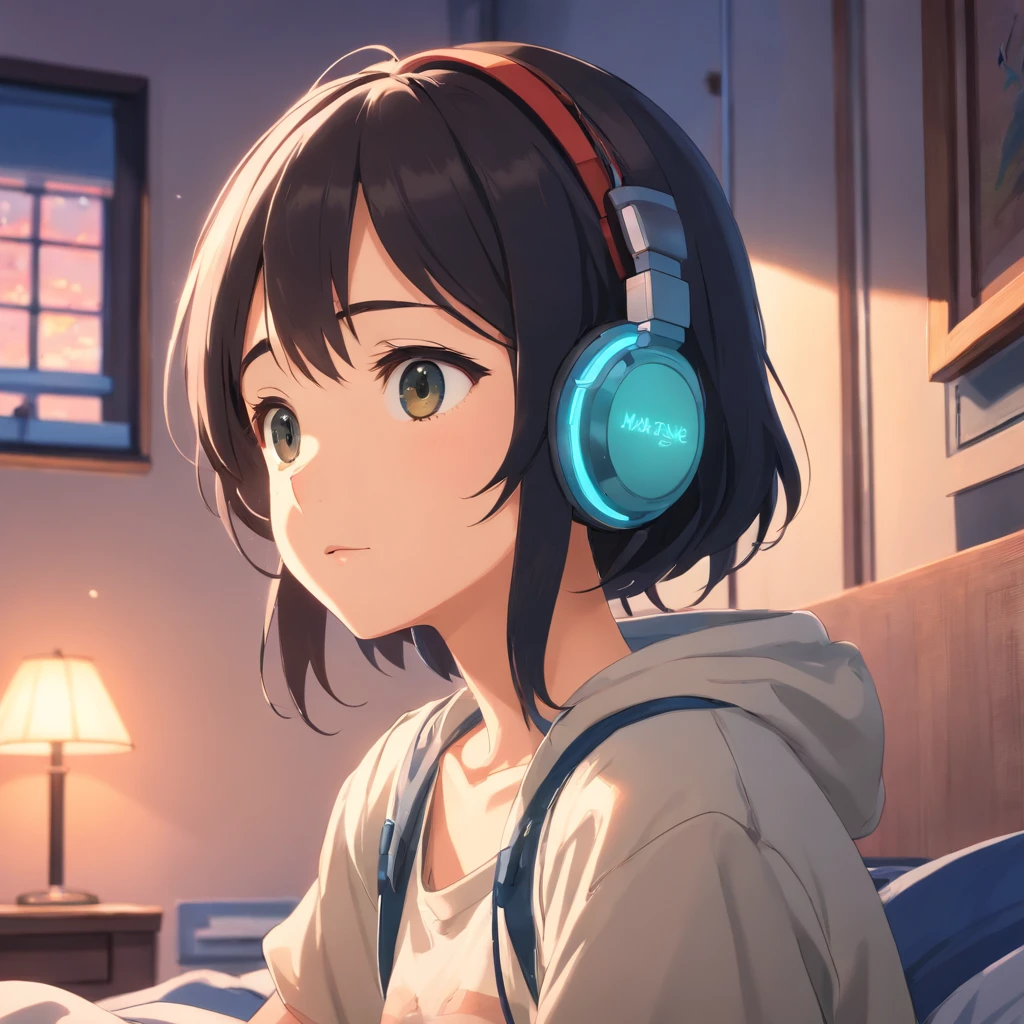Masterpiece, Best quality, cinematic Film still from, 1 adolescent female waering headphones , frontage, Black hair,in a bedroom,The background of the details, Bright, Dark and eerie environment,A ray of light, with headphones on