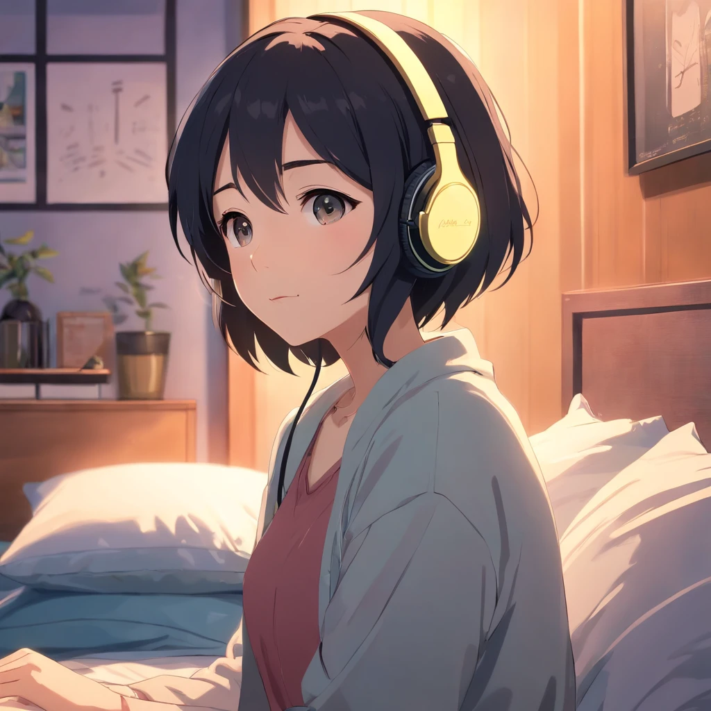Masterpiece, Best quality, cinematic Film still from, 1 adolescent female waering headphones , frontage, Black hair,in a bedroom,The background of the details, Bright, Dark and eerie environment,A ray of light, with headphones on