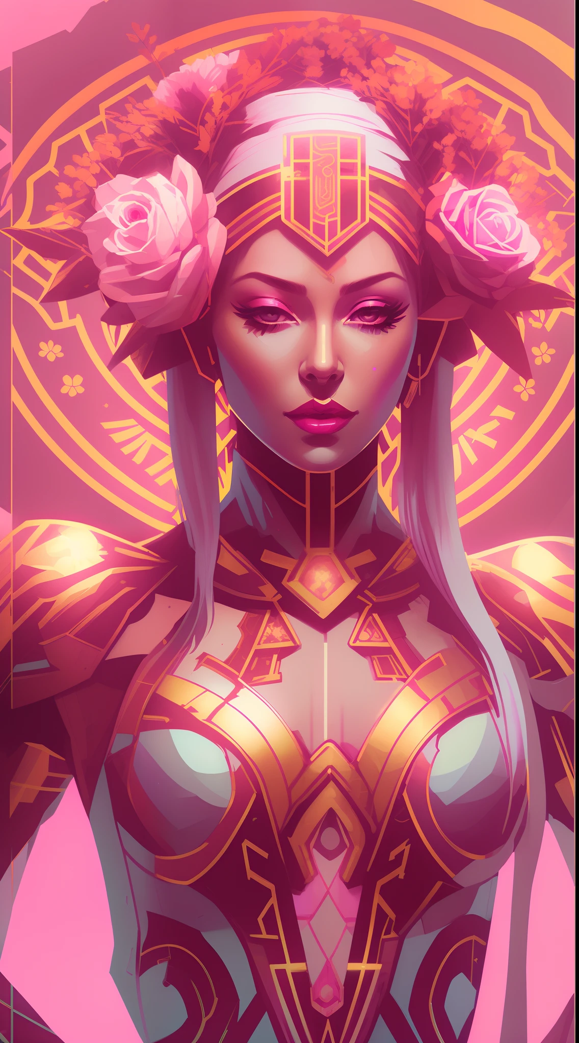 snthwve style nvinkpunk (symmetry:1.1) (portrait of floral:1.05) a woman as a beautiful goddess, (assassins creed style:0.8), pink and gold and opal color scheme, beautiful intricate filegrid facepaint, intricate, elegant, highly detailed, digital painting, artstation, concept art, smooth, sharp focus, illustration, art by greg rutkowski and alphonse mucha, 8k