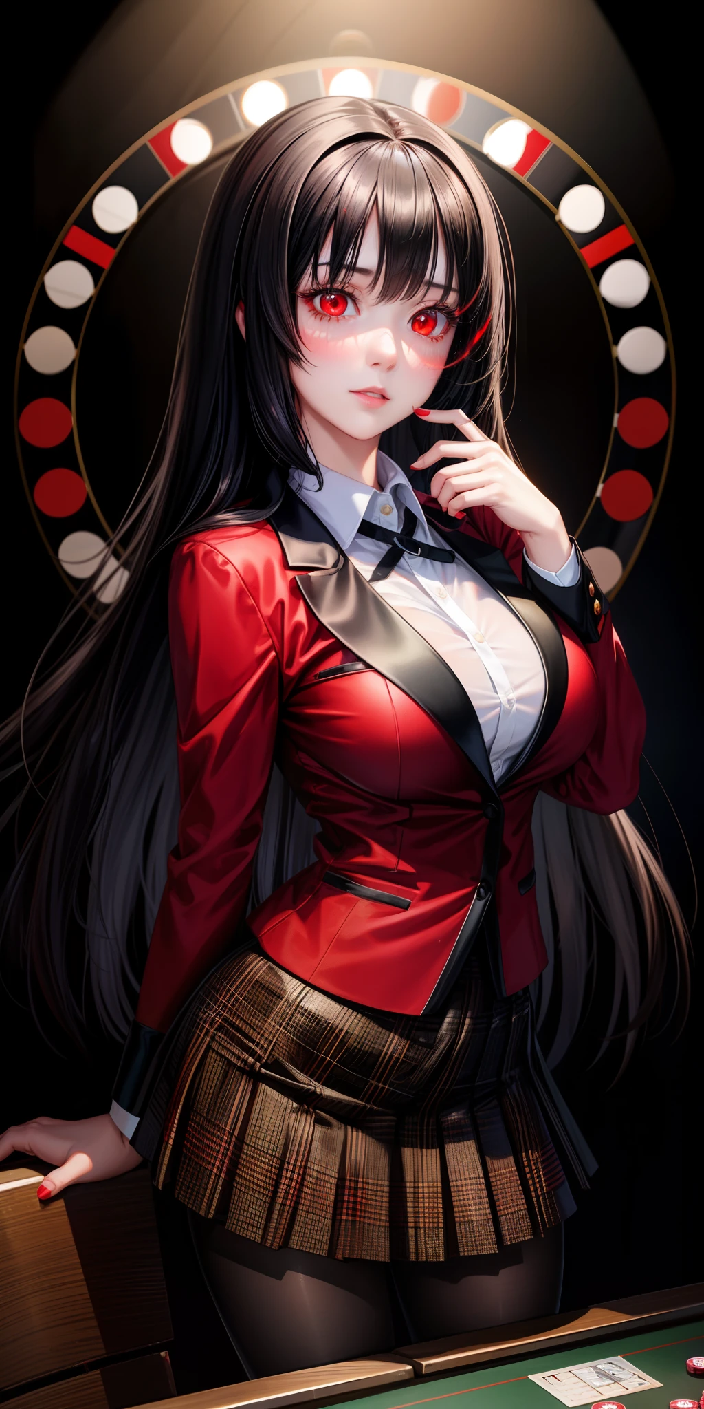 realistic, 1girl, long black hair, red eyes, glowing eyes, red blazer, black plaid skirt, pantyhose, blush, poker table