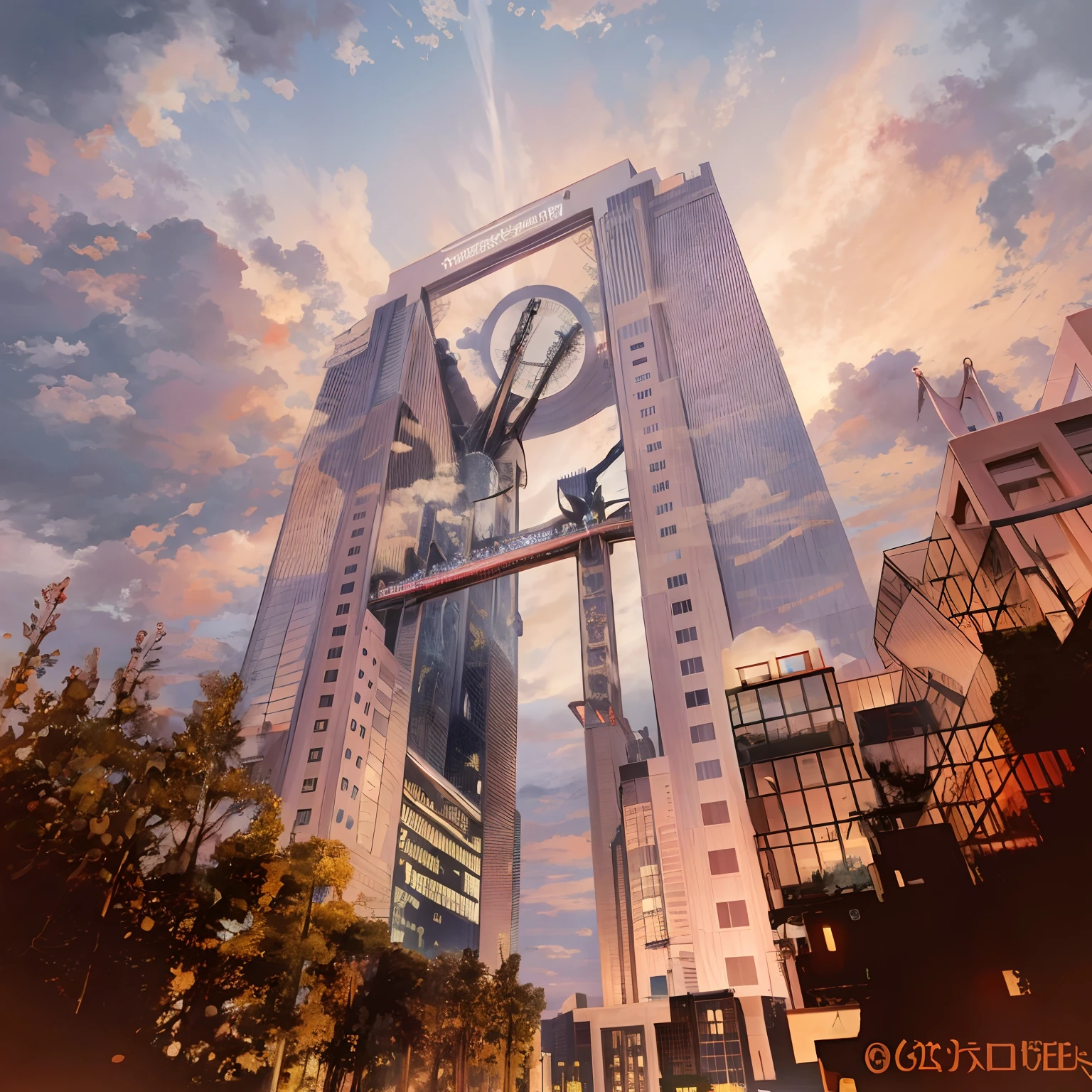 There is a tall building with a clock on it, megatall building, Neo Tokyo Sauce, Shinjuku, shin megami, TOKYOcty, fujicolor photo, in Tokyo under, (neotokyo), skybridge towers, view from ground level, Huge tower, industrial giant skyscrapers, in neo tokyo, tokio aoyama