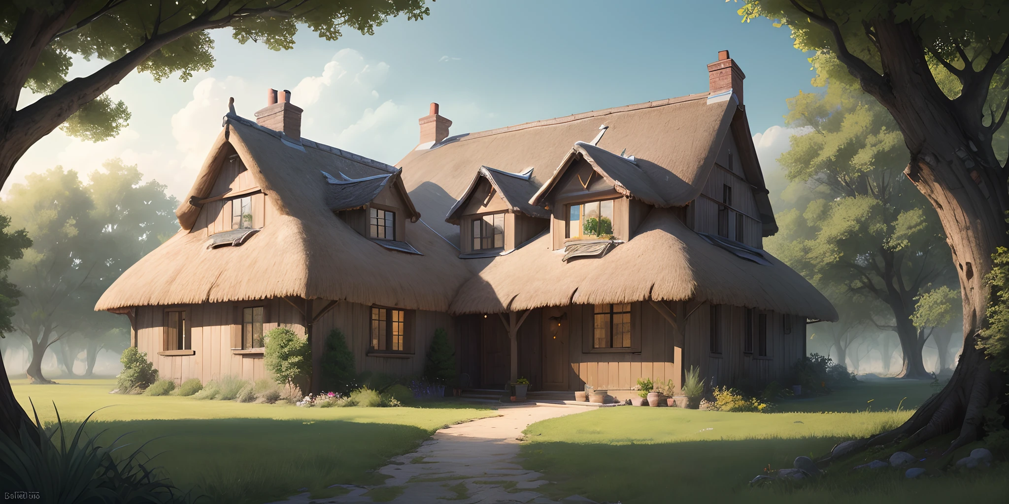 Illustrate a cozy thatched house of Hector amidst a sunny landscape. Show Heitor smiling while adding finishing touches to your home, conveying a feeling of warmth and comfort.
