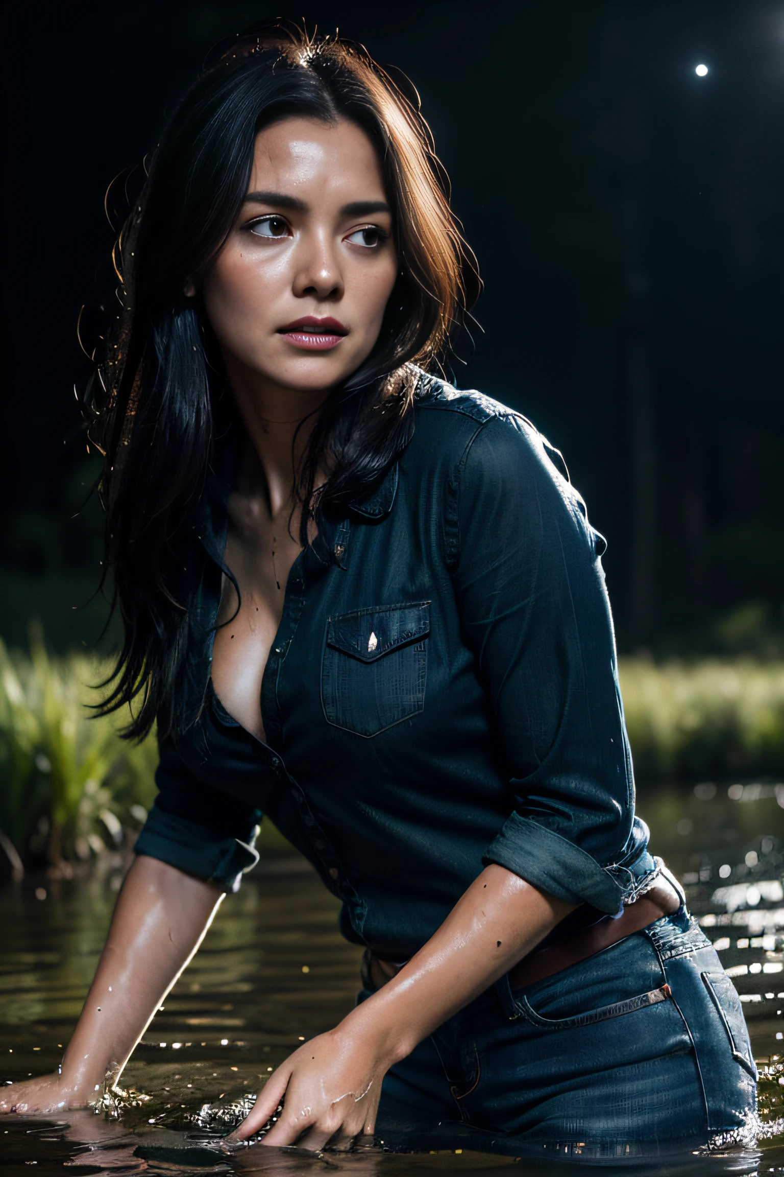 Dynamic frame, The woman, (drowning in a swamp:1.2), standingn, Frightened squirms, In jeans and blouse. Very sweaty face, strong blush, burning with shame. A desperate attempt. Black Night Sky, Clouds, luna, woods, Strong emotions