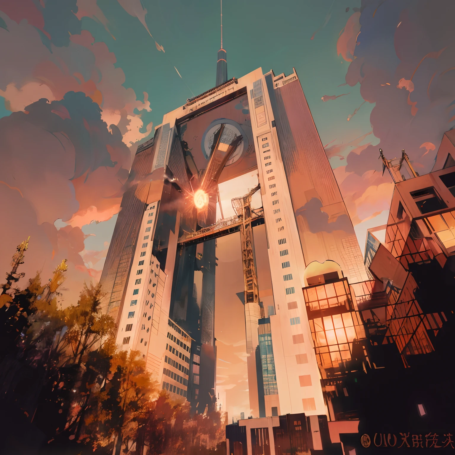 There is a tall building with a clock on it, megatall building, Neo Tokyo Sauce, Shinjuku, shin megami, TOKYOcty, fujicolor photo, in Tokyo under, (neotokyo), skybridge towers, view from ground level, Huge tower, industrial giant skyscrapers, in neo tokyo, Higher than skyscrapers, Dawn sky