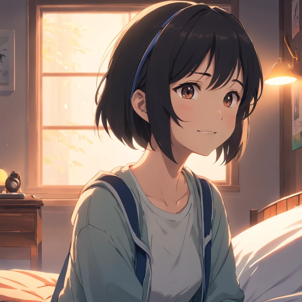 Masterpiece, Best quality, cinematic Film still from, 1 adolescent female waering headphones , frontage， Black hair,in a bedroom，The background of the details， Bright, Dark and eerie environment，A ray of light, she is smiling,