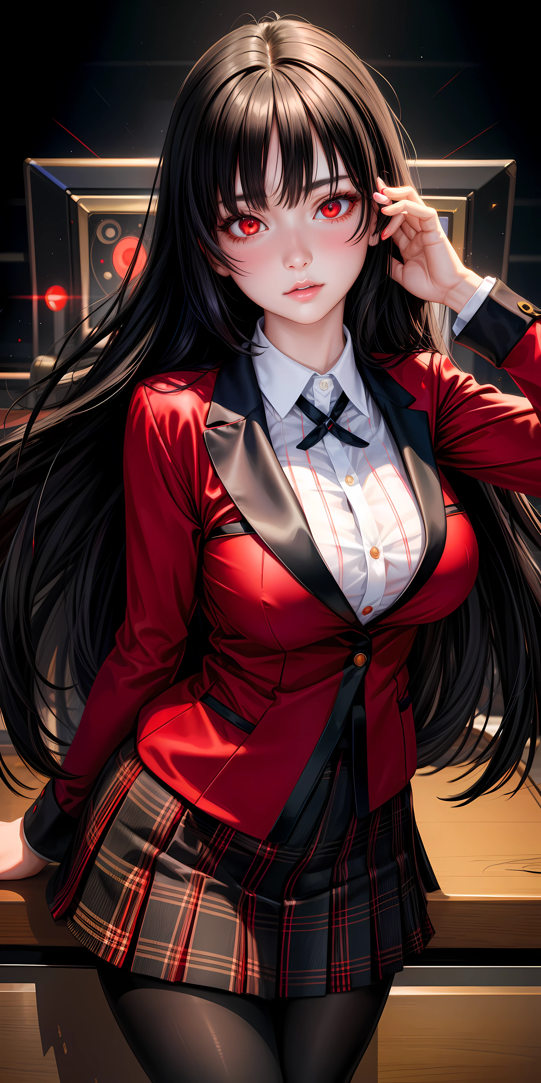 realistic, 1girl, long black hair, red eyes, glowing eyes, red blazer, black plaid skirt, pantyhose, blush, poker table