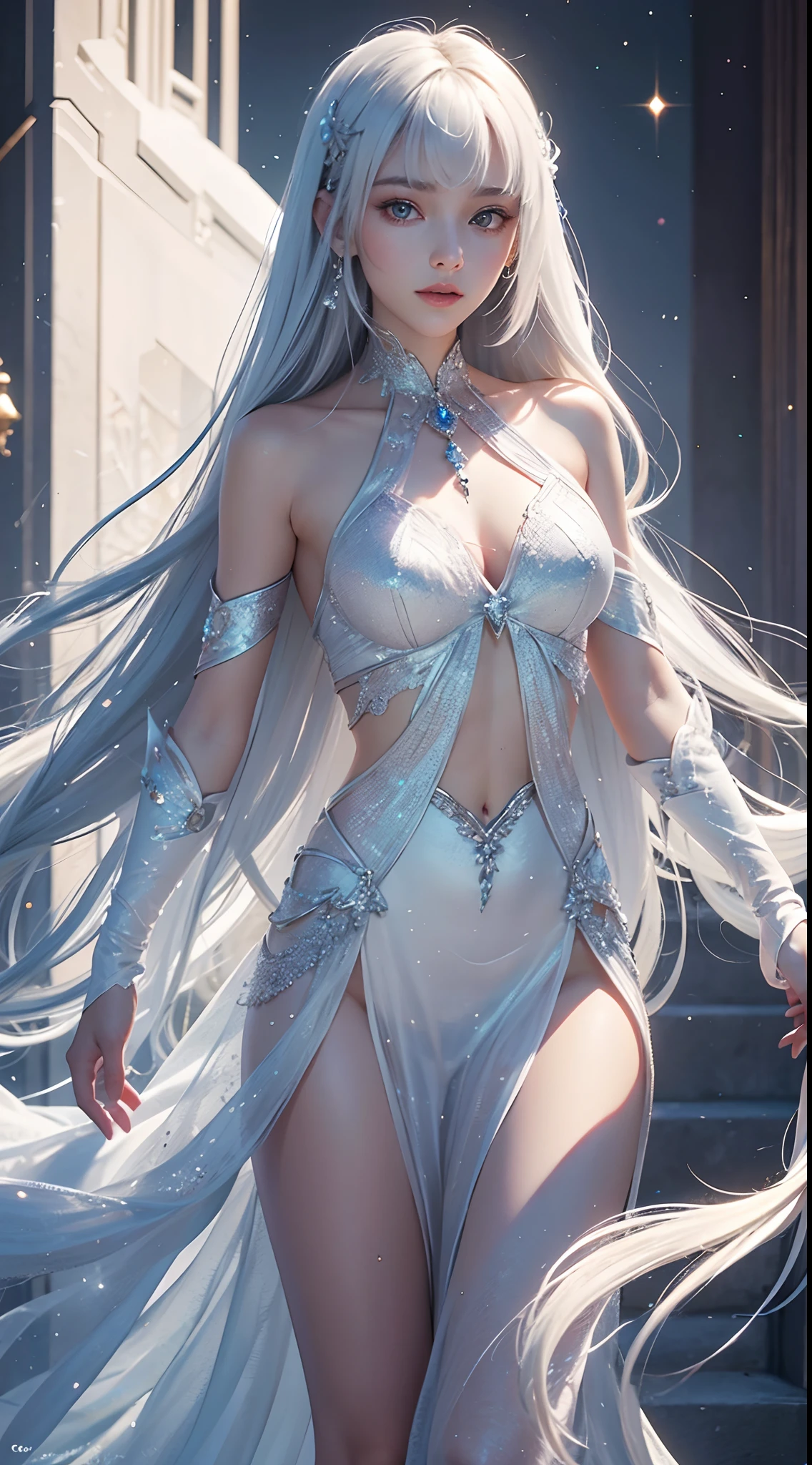"Let our AI platform take you on a journey through a stunning portrait that will leave you in awe. Imagine a bright and beautiful face, with youthful and shiny white skin that seems to shine from within. Her hair is a sight to behold, with super long and silky straight hairs smoother than anything you've ever seen. And the cherry on top? The beautiful bangs shine like glowing crystals, Add a touch of magic to the overall image. With our wide range of designs and variations, You will be amazed at the endless possibilities."