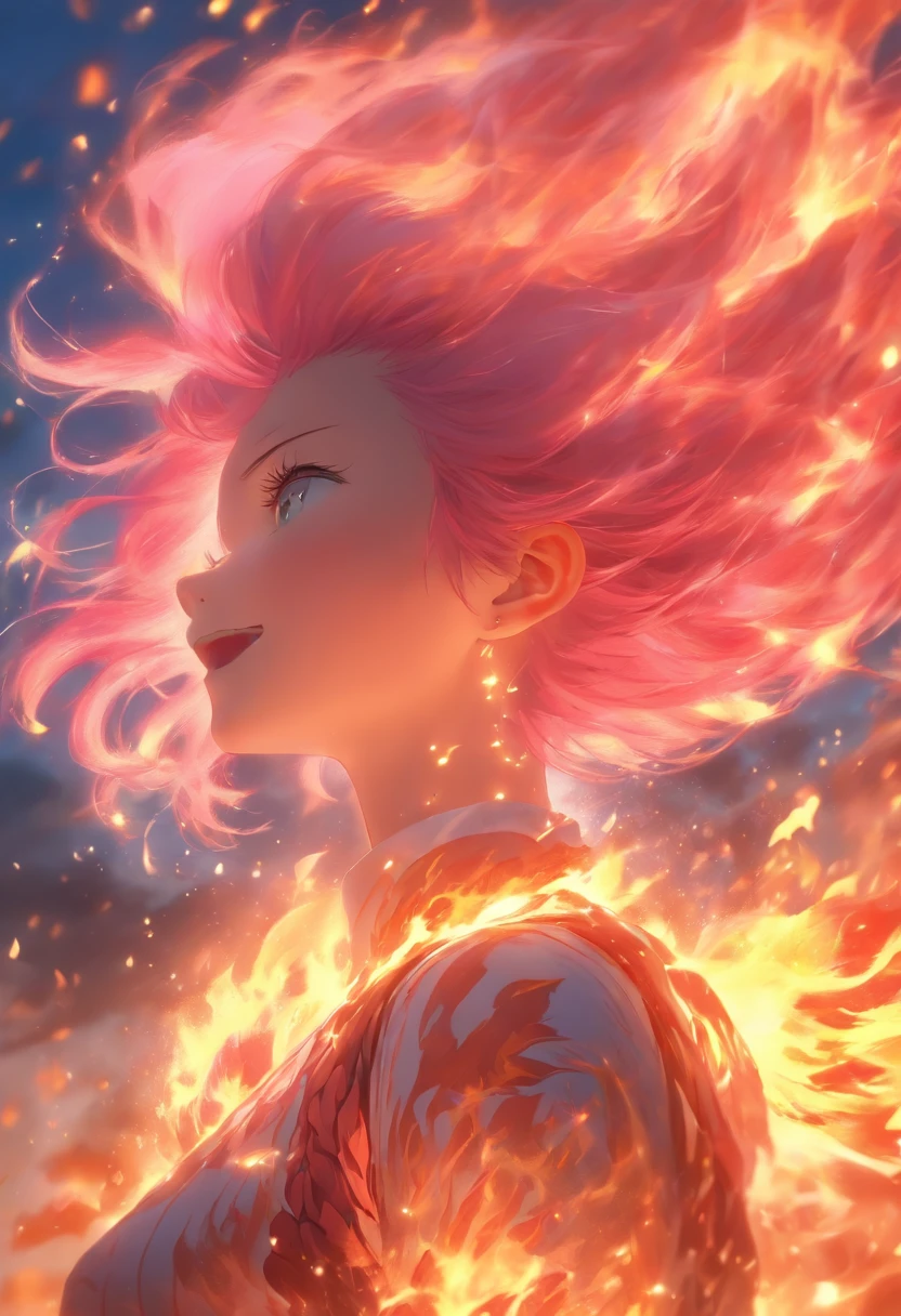 1 Pink-haired maiden wearing flame dress, glowing hairs,Burning hair, Beautiful art UHD 4 K, En plein air, A sea of flames, Beautiful character, Beautiful portrait, Expressive, painting of beautiful, 
expressive beautiful portrait, Side light, Blue sky