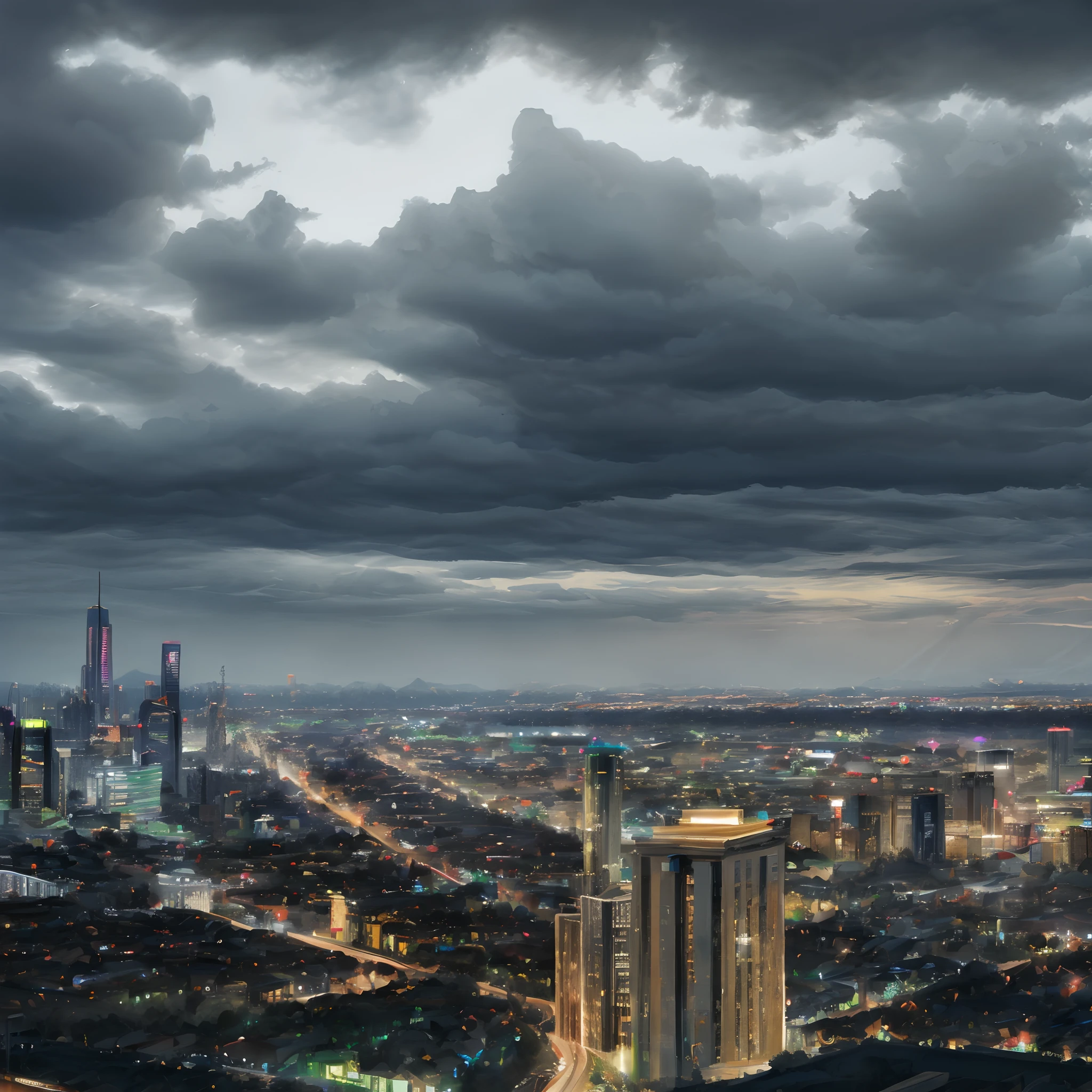 Middle-aged guy smiling, An open look, joying, awe, jour, Warm tones, Against the background of the distant city of the future in rare, but beautiful clouds, Sci-Fi, (8K, extra high resolution, Masterpiece, Best Quality:1.2)