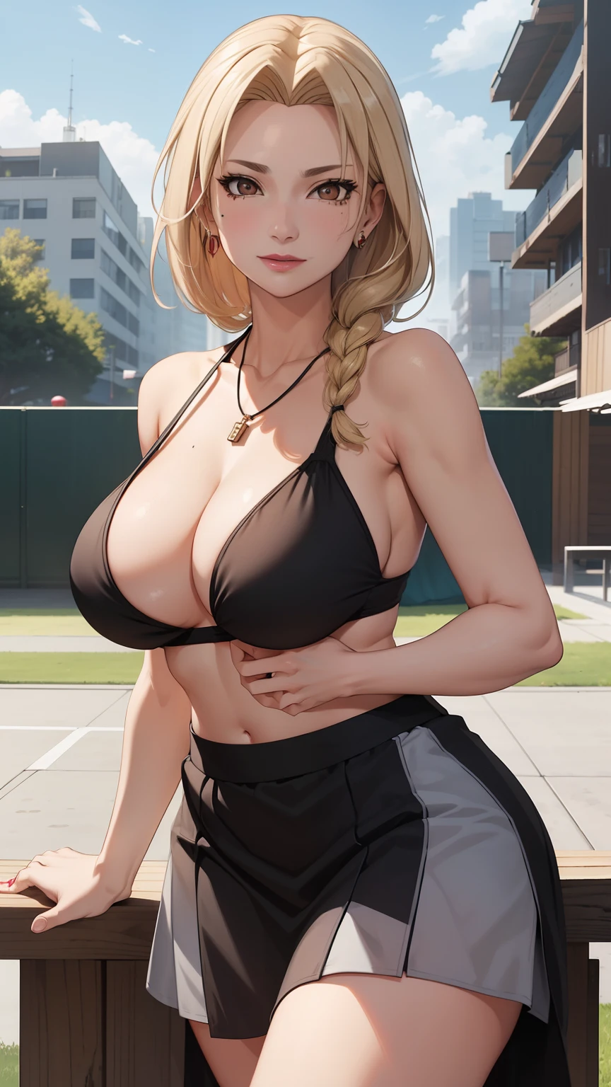 Good anatomy, Masterpiece, Best quality, 4K, 8K, Professional photography, Soft light, Sharp focus, playground,running track,1 girl, eventide,The breeze blows through,falling leaf,Blonde hair, French twist braid,The shirt, long skirt,Flip-flops,Blonde hair, Bank spin-offs, Detailed face+Brown eyes, is playing happily,Slightly drunk,Be red in the face,Tsundere, Beauty mole,lipstick, necklace, huge tit,