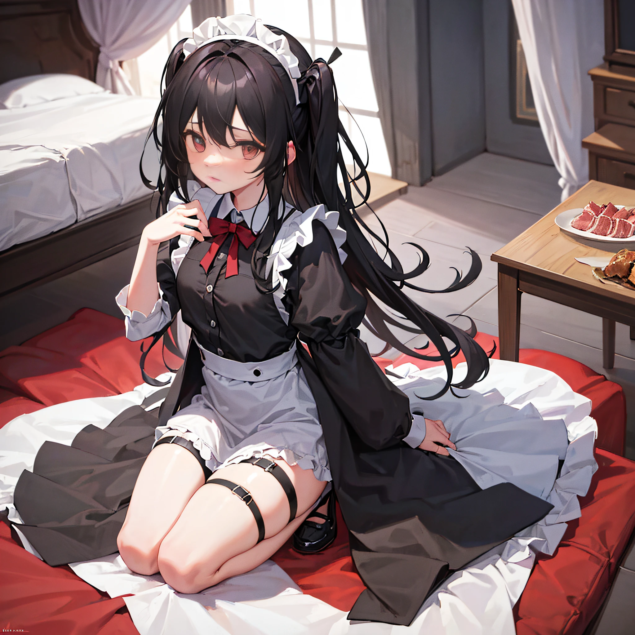 Black Long Hair Lori, wearing a maid outfit, Kneeling, Legs and five fingers, More meat, Cute 2D, background backlightHD