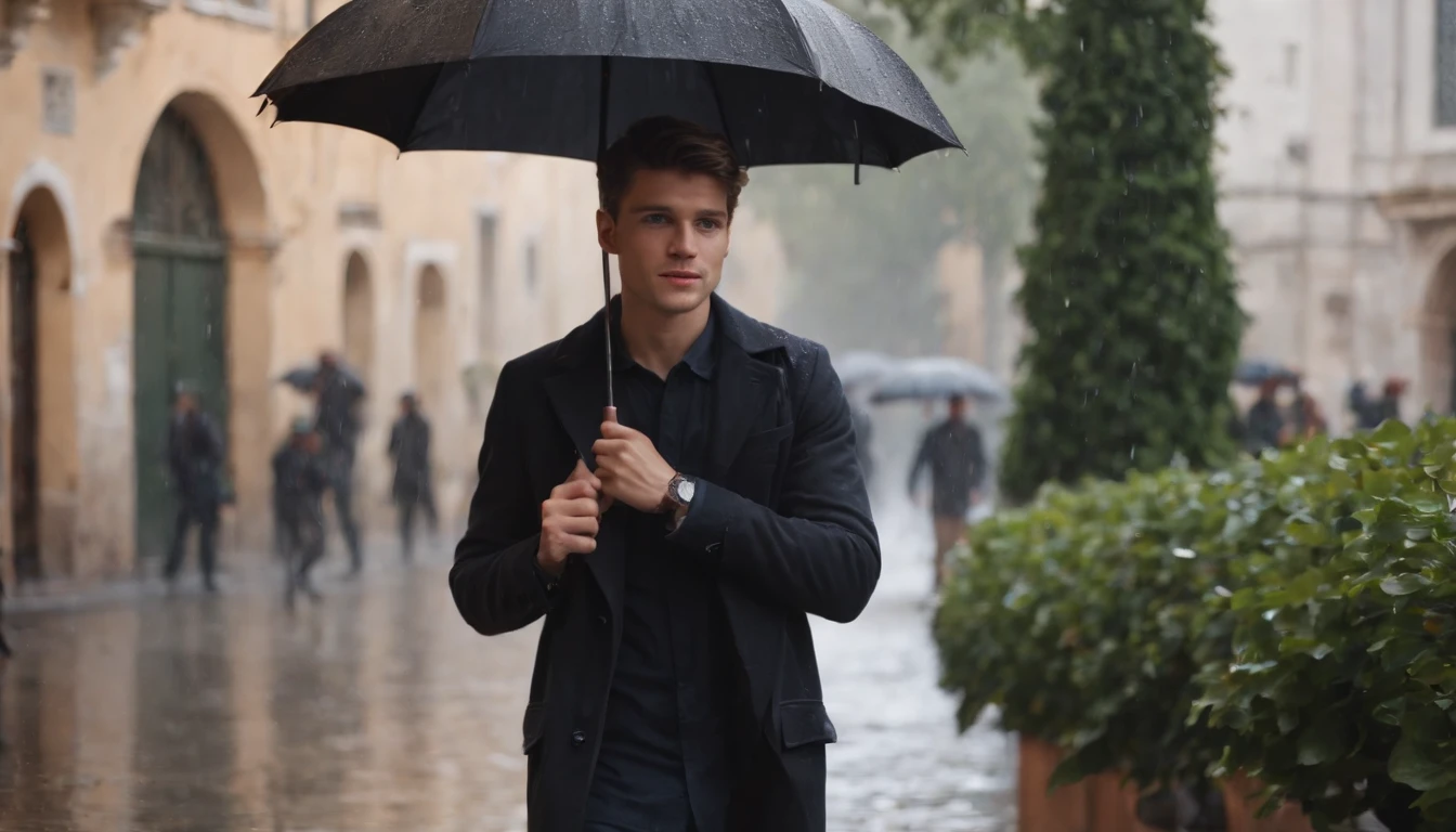 A charming Italian boy walks in the streets of Italy under the rain. He is holding a black umbrella. The rain is heavy. The boy's eyes are happy. The trees shake in the rain. The boy is 20 years old, we see the boy from behind walking in the rain.
