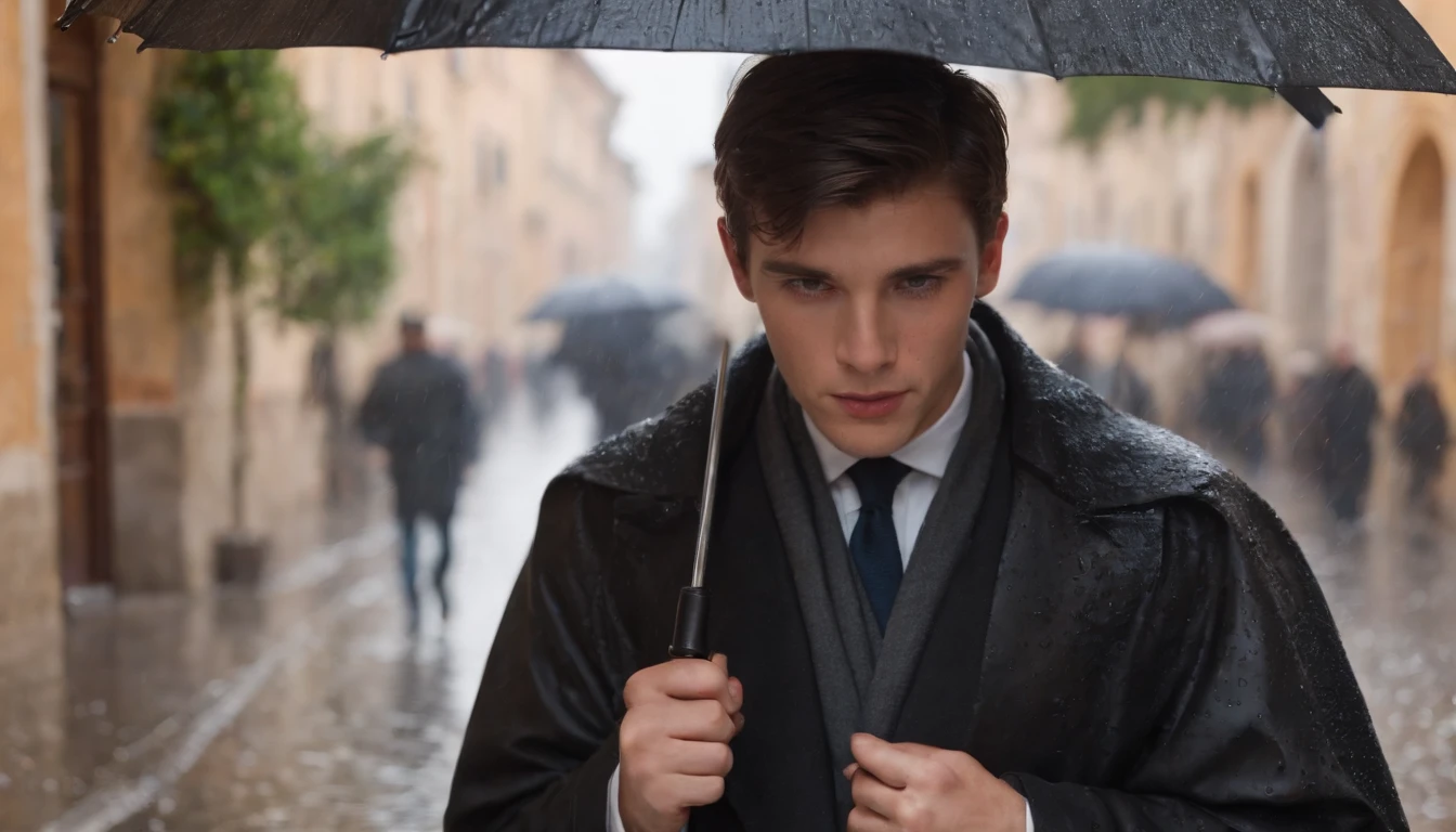 A charming Italian boy walks in the streets of Italy under the rain. He is holding a black umbrella. The rain is heavy. The boy's eyes are happy. The trees shake in the rain. The boy is 20 years old, we see the boy from behind walking in the rain.