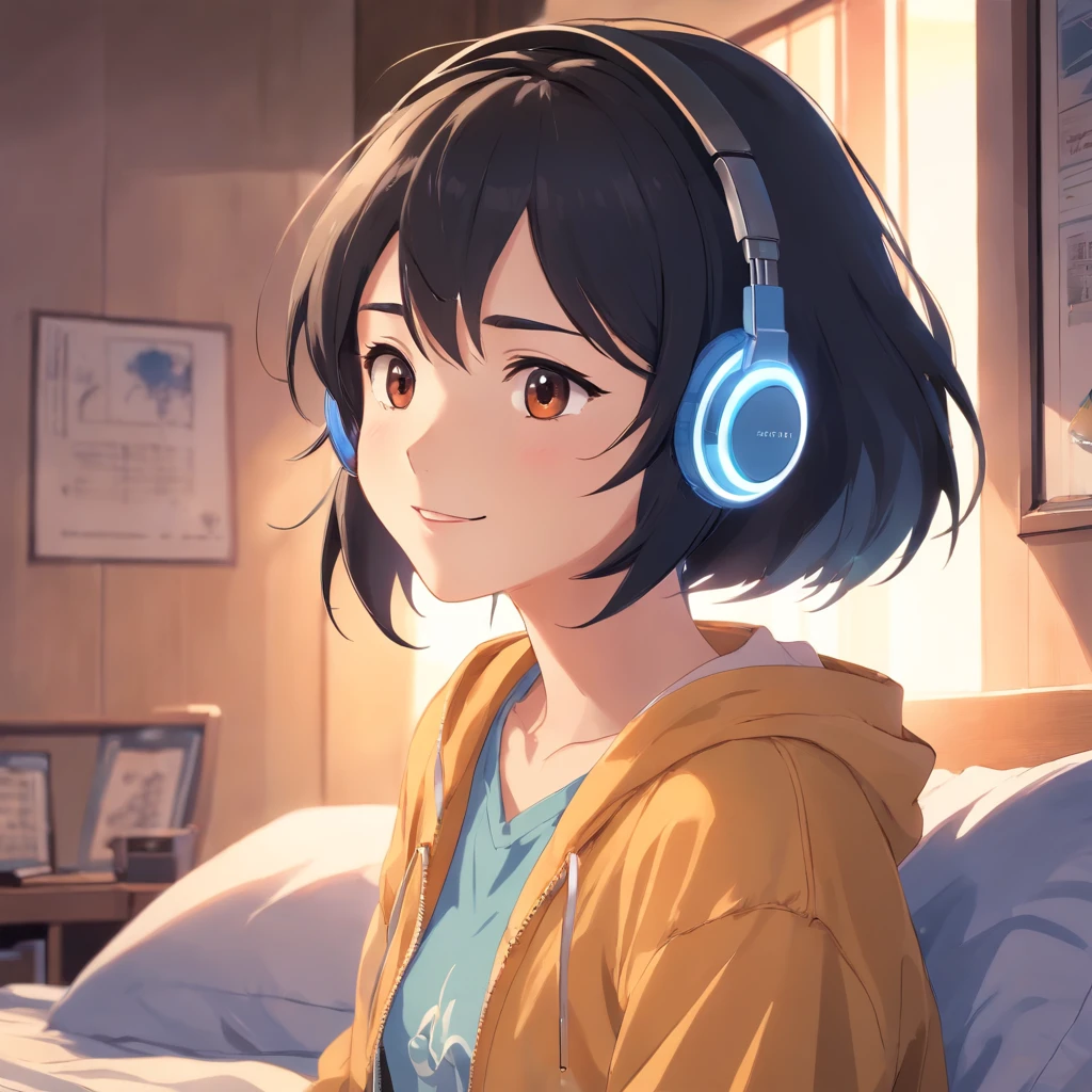 Masterpiece, Best quality, cinematic Film still from, 1 adolescent female waering headphones , frontage, Black hair,in a bedroom,The background of the details, Bright, Dark and eerie environment,A ray of light, she is smiling,