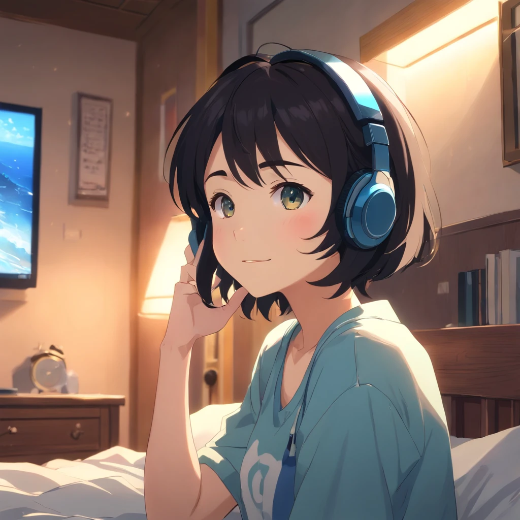 Masterpiece, Best quality, cinematic Film still from, 1 adolescent female waering headphones , frontage， Black hair,in a bedroom，The background of the details， Bright, Dark and eerie environment，A ray of light, she is smiling,