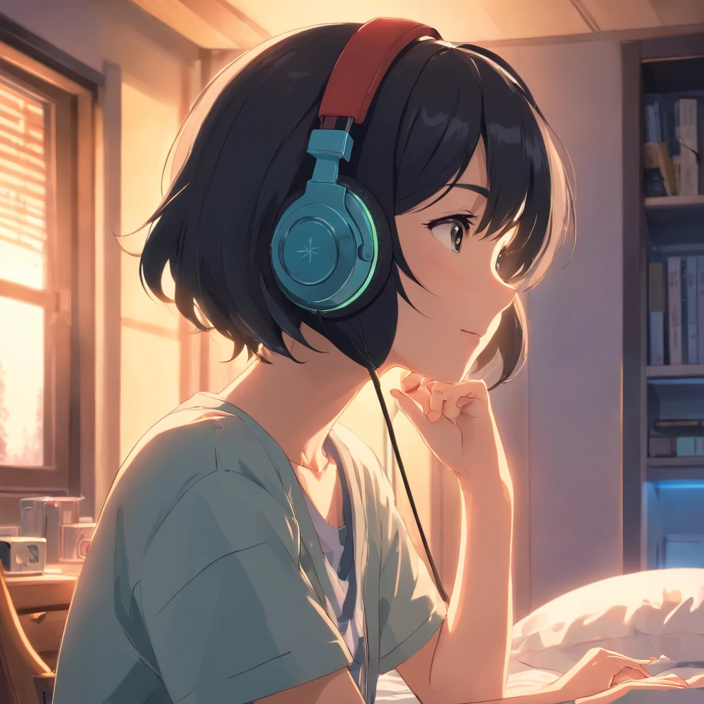 Masterpiece, Best quality, cinematic Film still from, 1 adolescent female waering headphones , frontage， Black hair,in a bedroom，The background of the details， Bright, Dark and eerie environment，A ray of light, she is smiling,