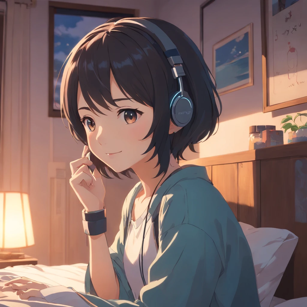 Masterpiece, Best quality, cinematic Film still from, 1 adolescent female waering headphones , frontage， Black hair,in a bedroom，The background of the details， Bright, Dark and eerie environment，A ray of light, she is smiling,