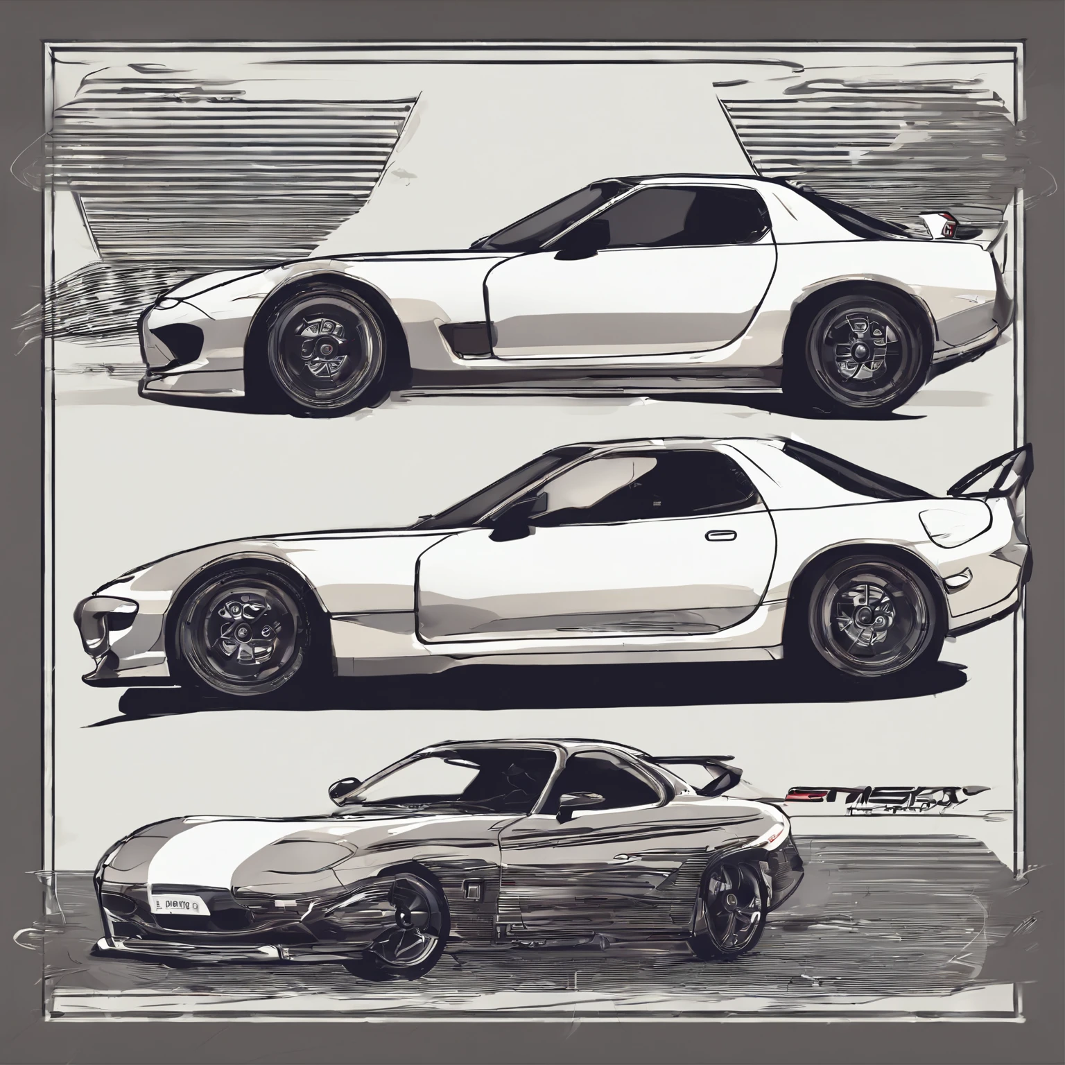 Design for t-shirts, flat design, artwork, Mazda RX-7 car jumping, professional shooting, front view slightly sideways, detailed image, detailed car, lineart, shadow effect, no color, Vector art, digital art, moon background, simple background, black background, design for Adobe