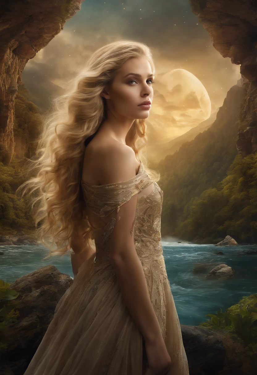 In a surreal, fantastical world, our stunning woman with extra long wavy blonde hair possesses eyes that seem to hold the secrets of the universe. She stands amidst floating islands in the sky, her hair cascading like a waterfall of gold. The atmosphere is otherworldly, with a sense of magic and wonder. This prompt is executed in a highly detailed digital art style, combining realism with fantasy elements, using a wide-angle lens (24mm) to capture the grandeur of the scene,