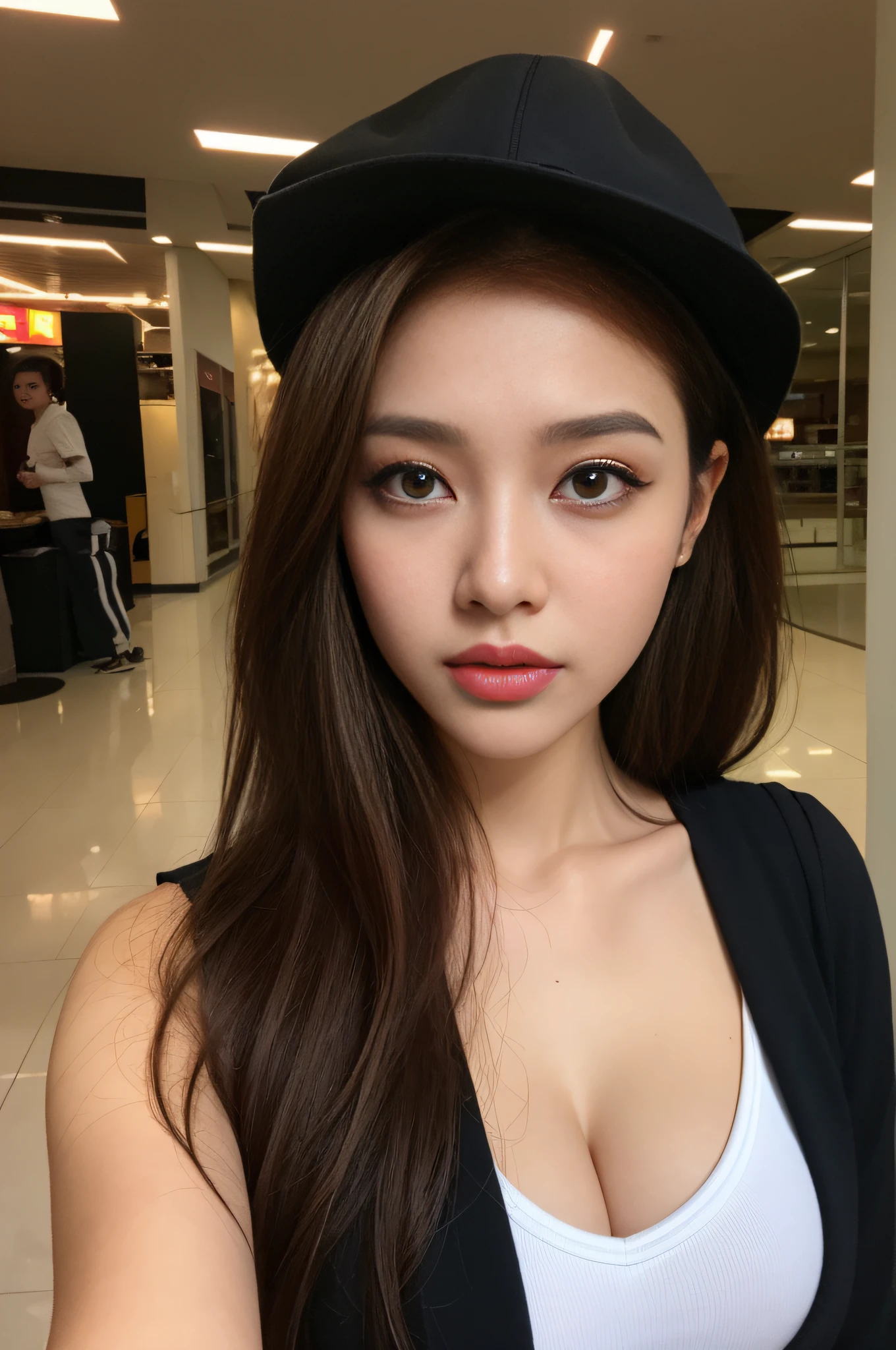 ((Day, Best Quality, 8K, Realistic)), Full Body: 1.4, Slender Abs: 1.2, ((Long dark brown hairstyle: 1.2, Medium Breasts: 1.2)), (Tight black unbutton shirts: 1.1, Tight leggings: 1.1, Walking: 1.3, Colored sunglasses, Swag black hat), (Outdoor, Lobby mall, Realistic streets background, Day lights, Bright sunlights), Highly detailed face and skin texture, detailed eyes, double eyelids, swag, badass, face looking at the camera, half body camera view, top angle selfie camera view, (Holding the selfie camera: 1.2, Selfie: 1.1), solo shots, self camera, 1 person