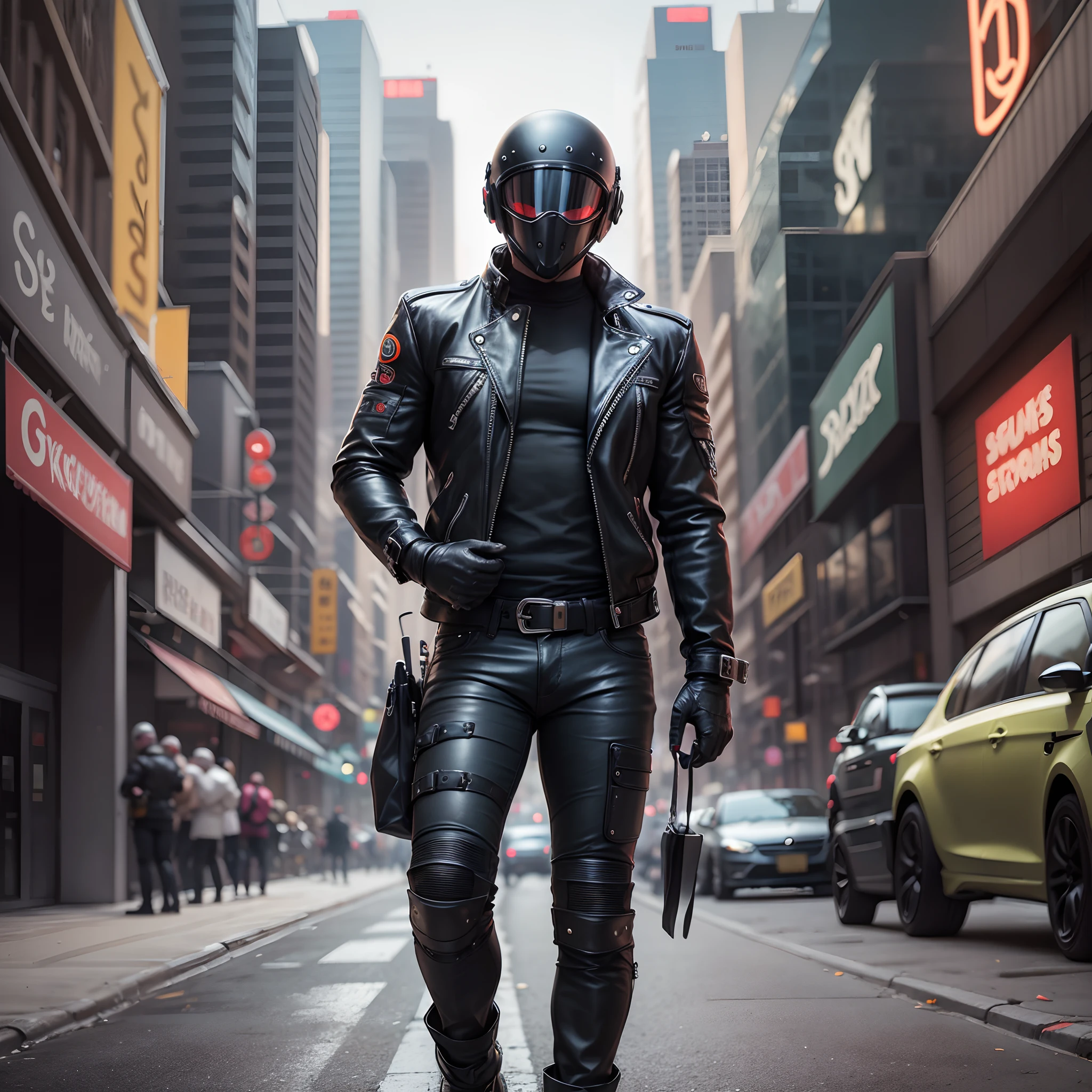 Strong guy with black motorcycle helmet black leather clothes wearing black leather gloves with cars and grocerystore cyberpunk background full body image --auto --s2
