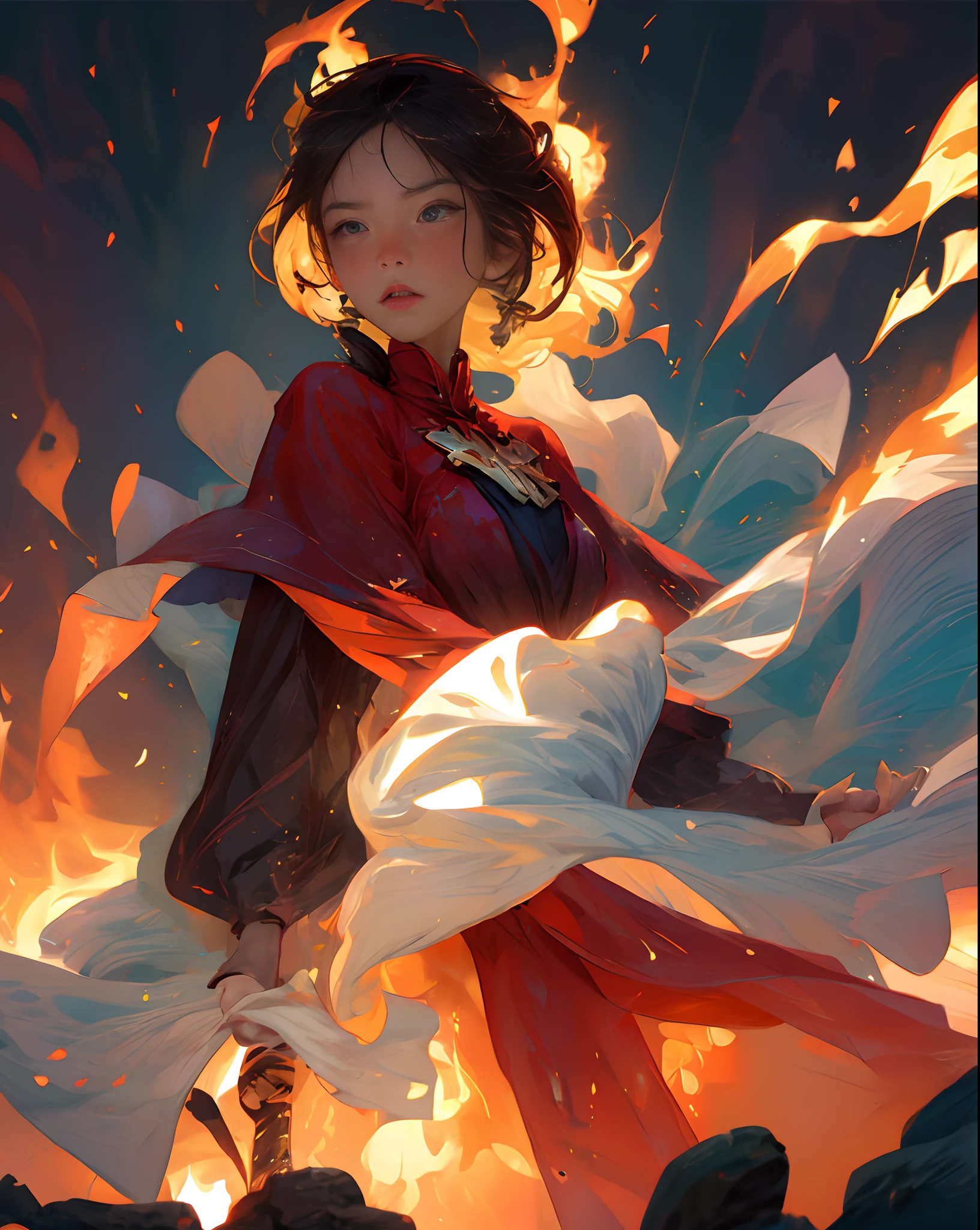 1girll, bangs, breathingfire, Burning, burnt clothes, embers, ahoge, Beige hair, multicolored hair, Fire, Flame, Flaming Sword, (hand on hilt), standing, Long hair, pyrokinesis, Expressionless, Smoke, flower(symbol), Solo, spark of light, Sunset, Twilight, flor branca, Molten rock, Lily (flower), fiery flower, Depth of field, Burning ,