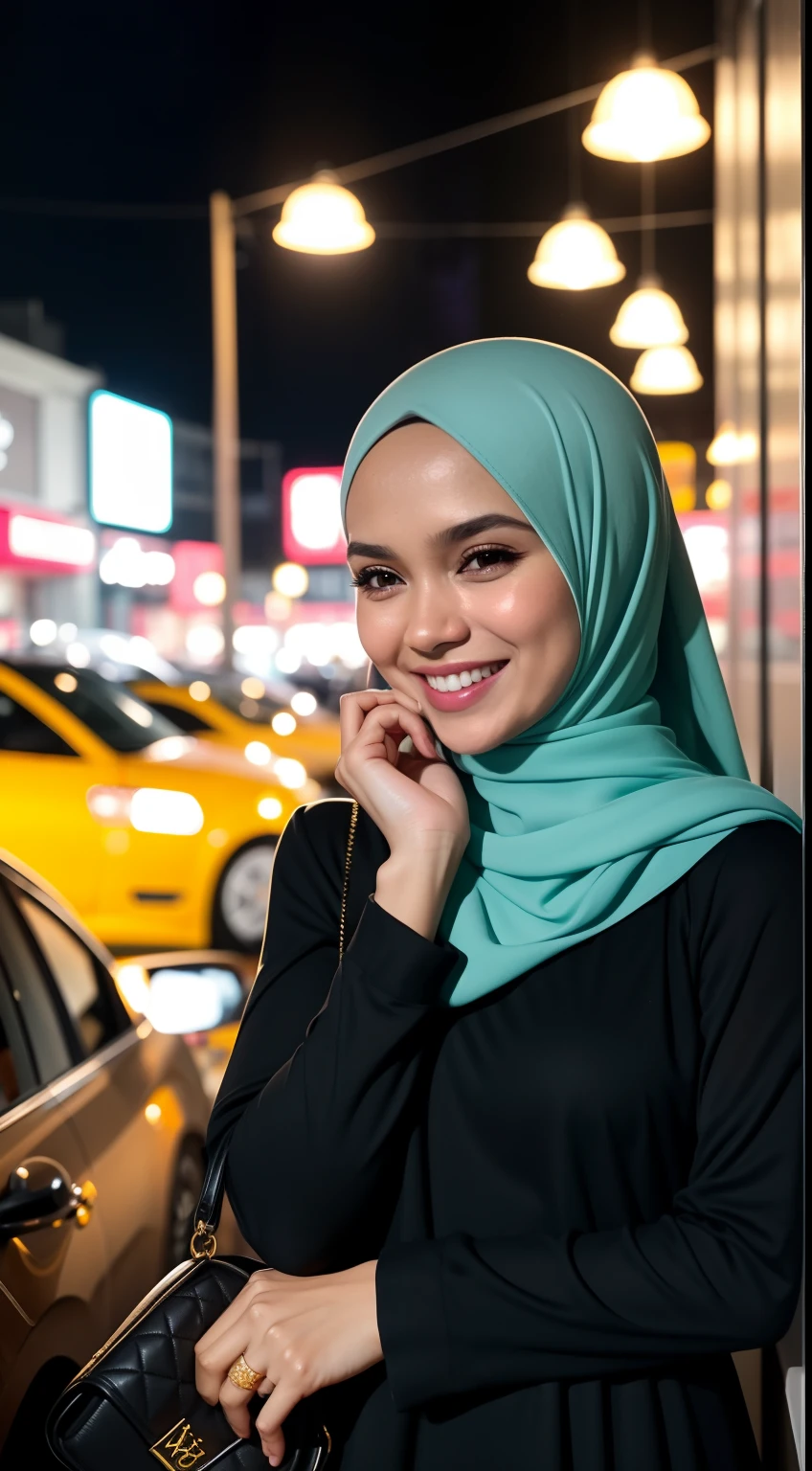 Malay girl in hijab, wear gold ball gown dress , laughing and posing with both hand on top of her head, touching her own head, wear LV handbag, front view, hijab blown, windy, detail skin, age spot, detail skin texture, mole below eyes, small breast, flat chest, wide hips, small waists, thick thighs, slim abs, beautiful body, nighttime, laughing, happy, bright lighting, college student in background, crowded cafe, blur background, bokeh,